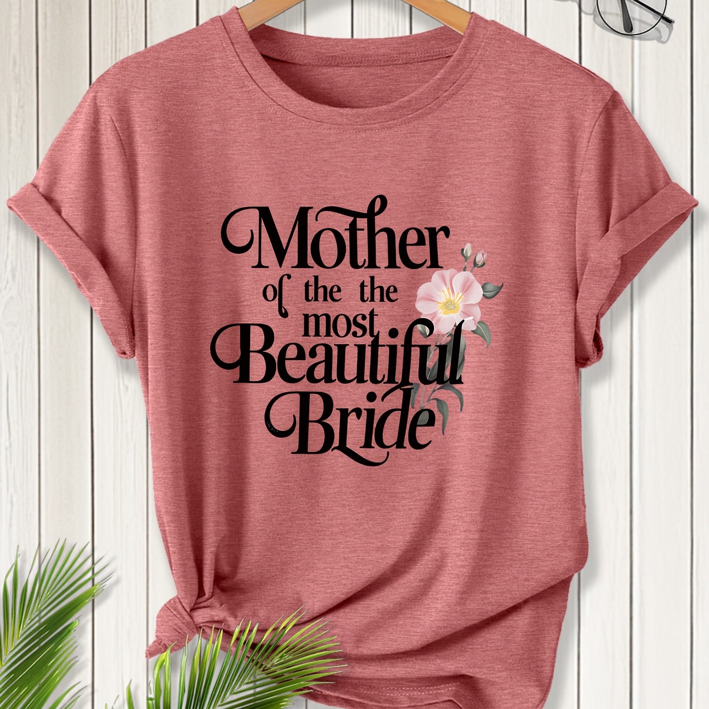 TEMU Women's Vintage " Mother" Print Blouse Top - Short-sleeve Round Neck Stretch Suitable For Spring Summer Casual Wedding Guest Outfits, Machine