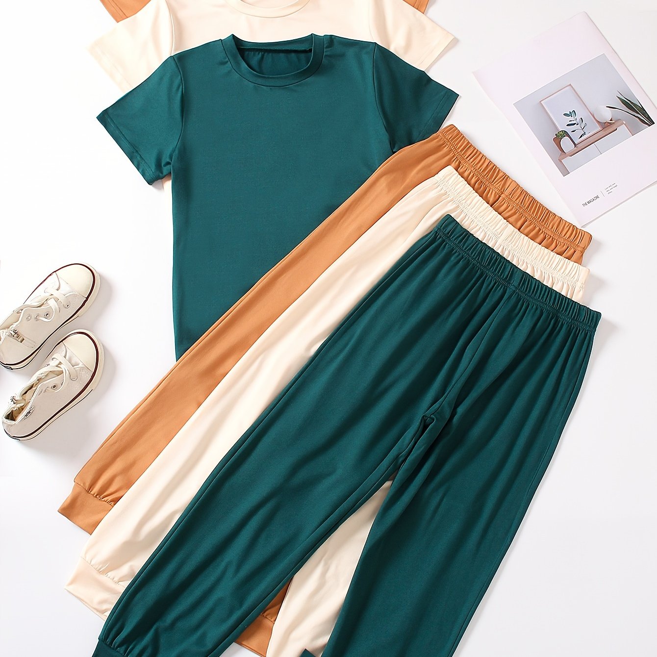 Image of 110-170 ' Solid Color Round Neck T-shirt, Solid Color Long Pants, , Six-piece Set, Summer Style, Casual Sports, For Outdoor