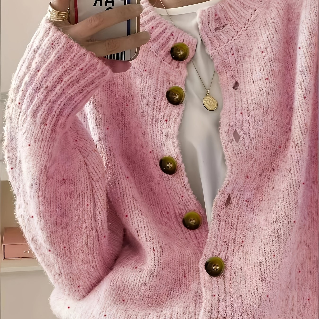 TEMU Women's Casual Polka Dot Button-front Cardigan, Soft Long Sleeve Crew Neck Lightweight With Stylish Candy-colored Polka Dot Pattern, Casual And