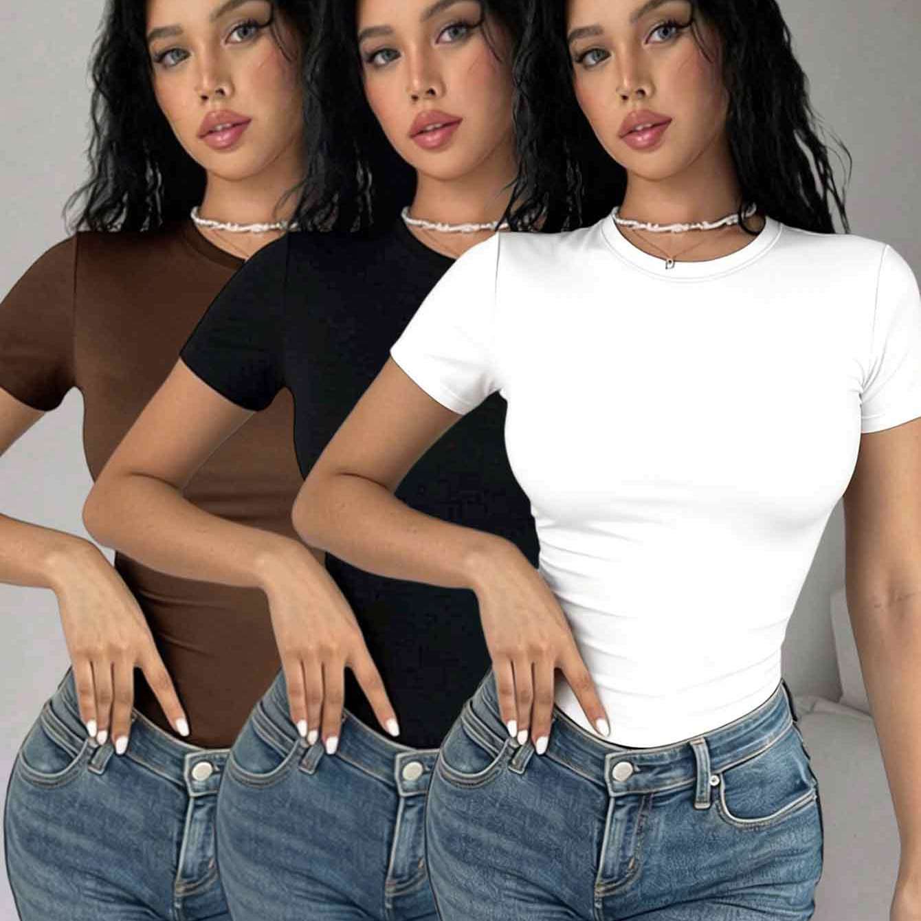 TEMU 3pcs Set Round Neck Short Sleeve T-shirts Women's Summer New Solid Color Slim Casual Versatile Short Top