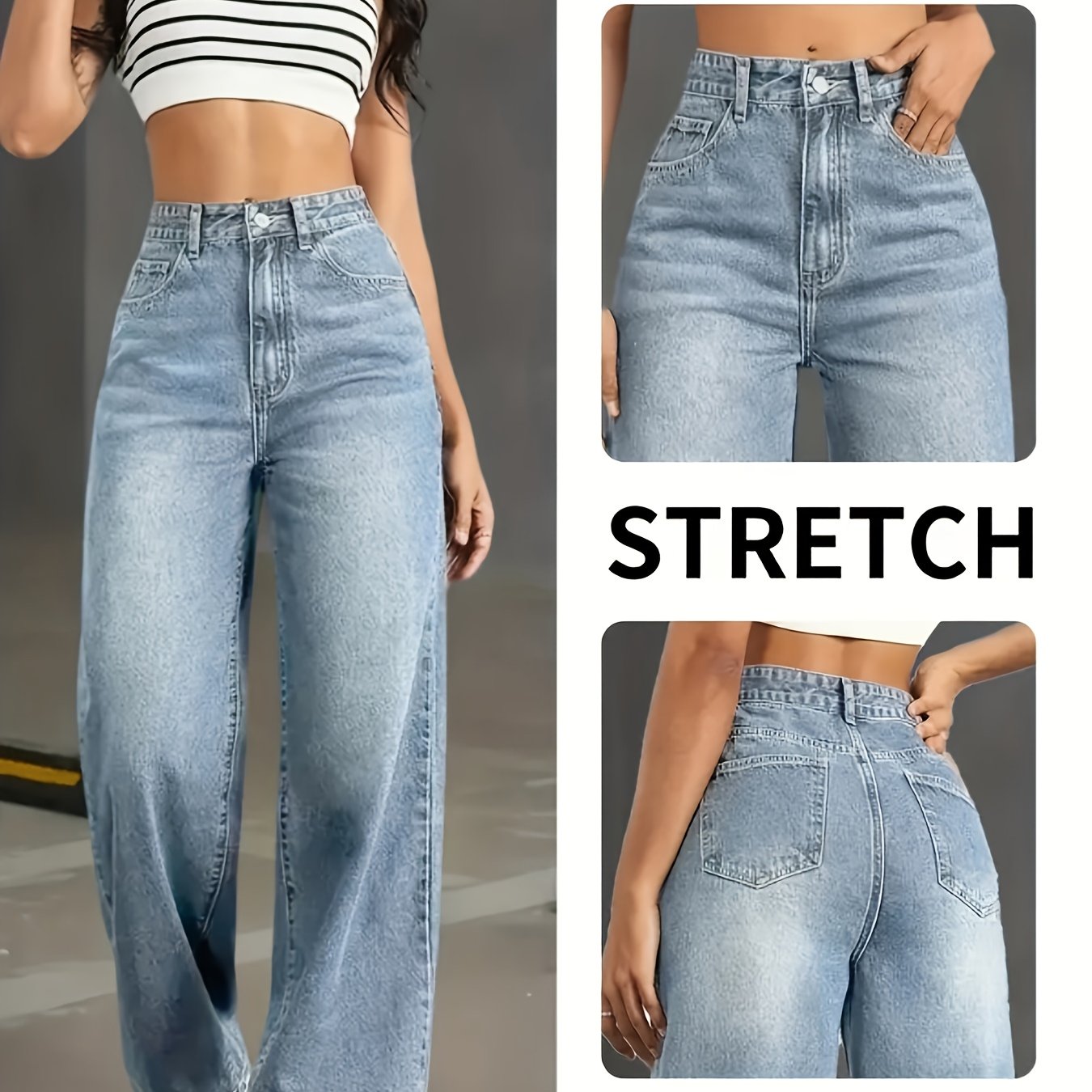 Image of Women's High-waisted Straight-leg Jeans - Vintage Style, Slim Fit, Pockets, Light Wash Denim, Casual Streetwear, Wear | Fashion Back Pocket
