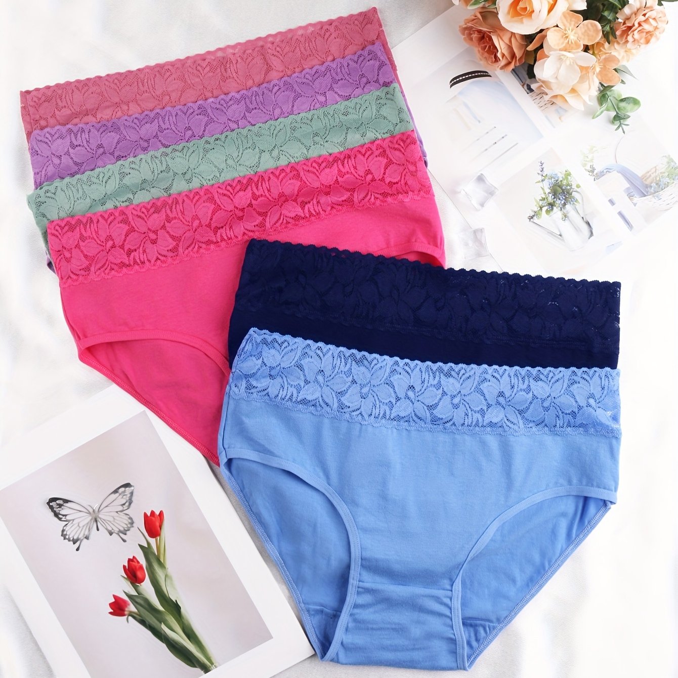 TEMU 6 pièces Culottes Femme Haute Taille - Sous-vêtements en Dentelle Douce, Culottes Opacité Totale, Couleur Unie Élégantes, Lavables à pour Tenue