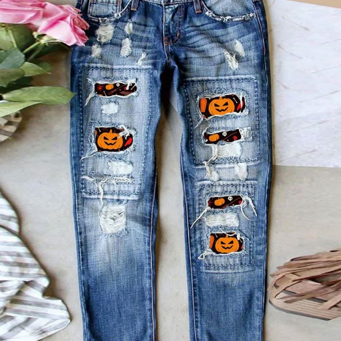 TEMU 2025 Women's Jeans Street Ripped Halloween Printed Patches Straight Trousers