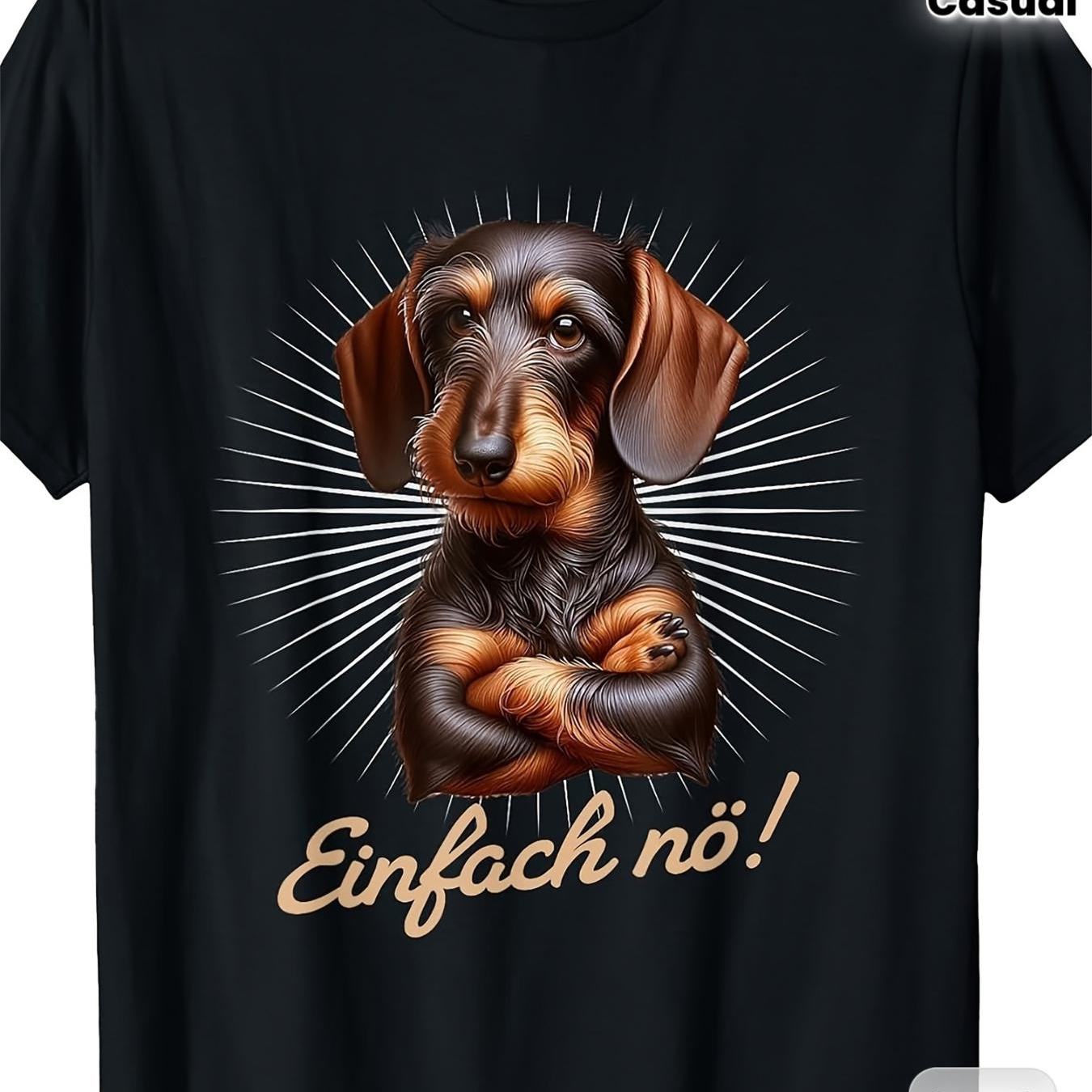 Dachshund T-shirt Black Crew Neck With German Text Simply No Geometric Pattern Stretch Fabric Regular Size