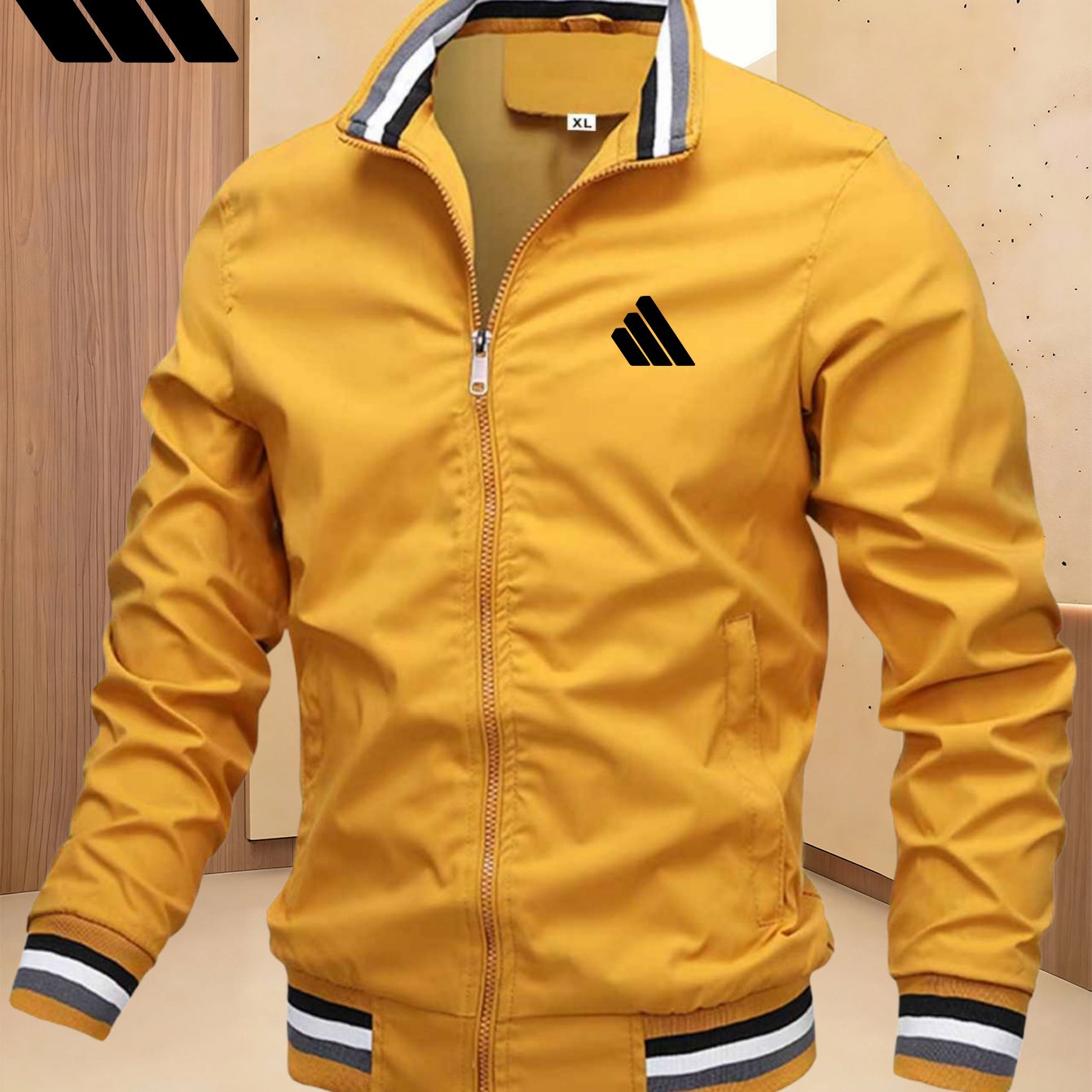 TEMU Men's Sports Solid Color Collar Jacket, Color Striped Rib Hem, Lightweight And Windproof, Creative Three-bar Elements, Suitable For Jogging And