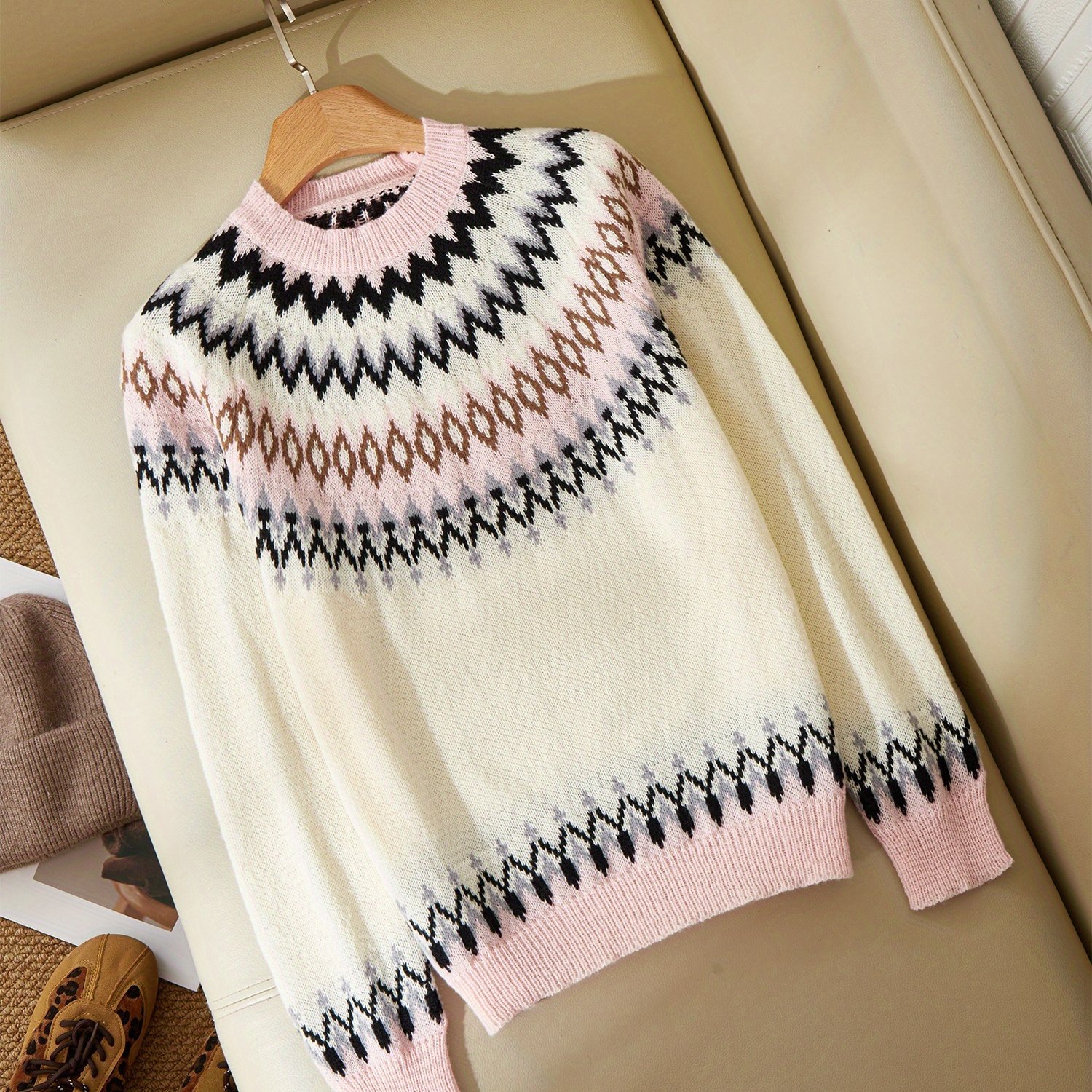 TEMU Trendy Women's Round Neck Autumn Winter Long Sleeve Sweater Pullover