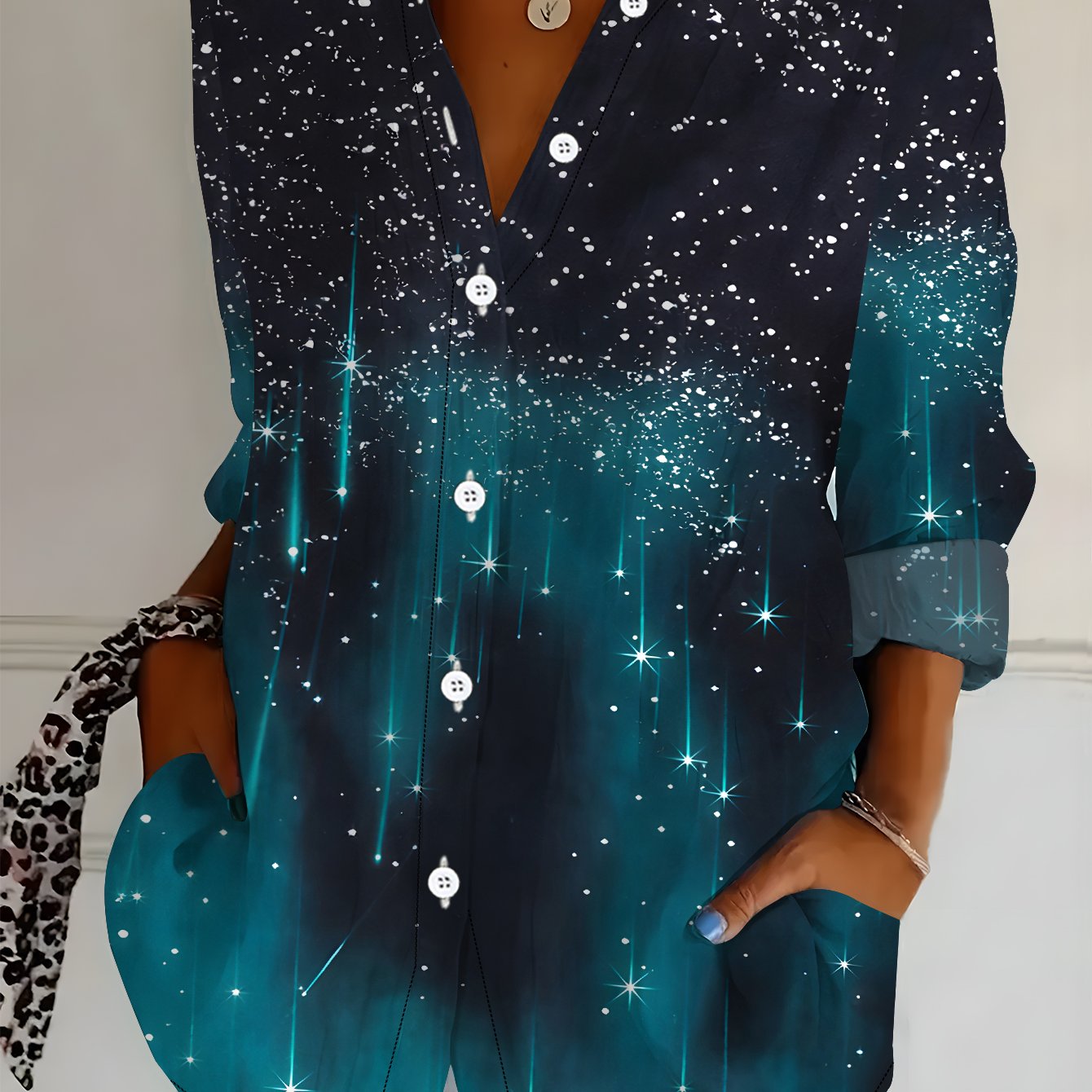 TEMU Plus Size - Plus Size - Plus Size Women's Long-sleeved Shirt Starry Loose Print Shirt Star Element Mid-length Women's Long-sleeved Lapel Shirt