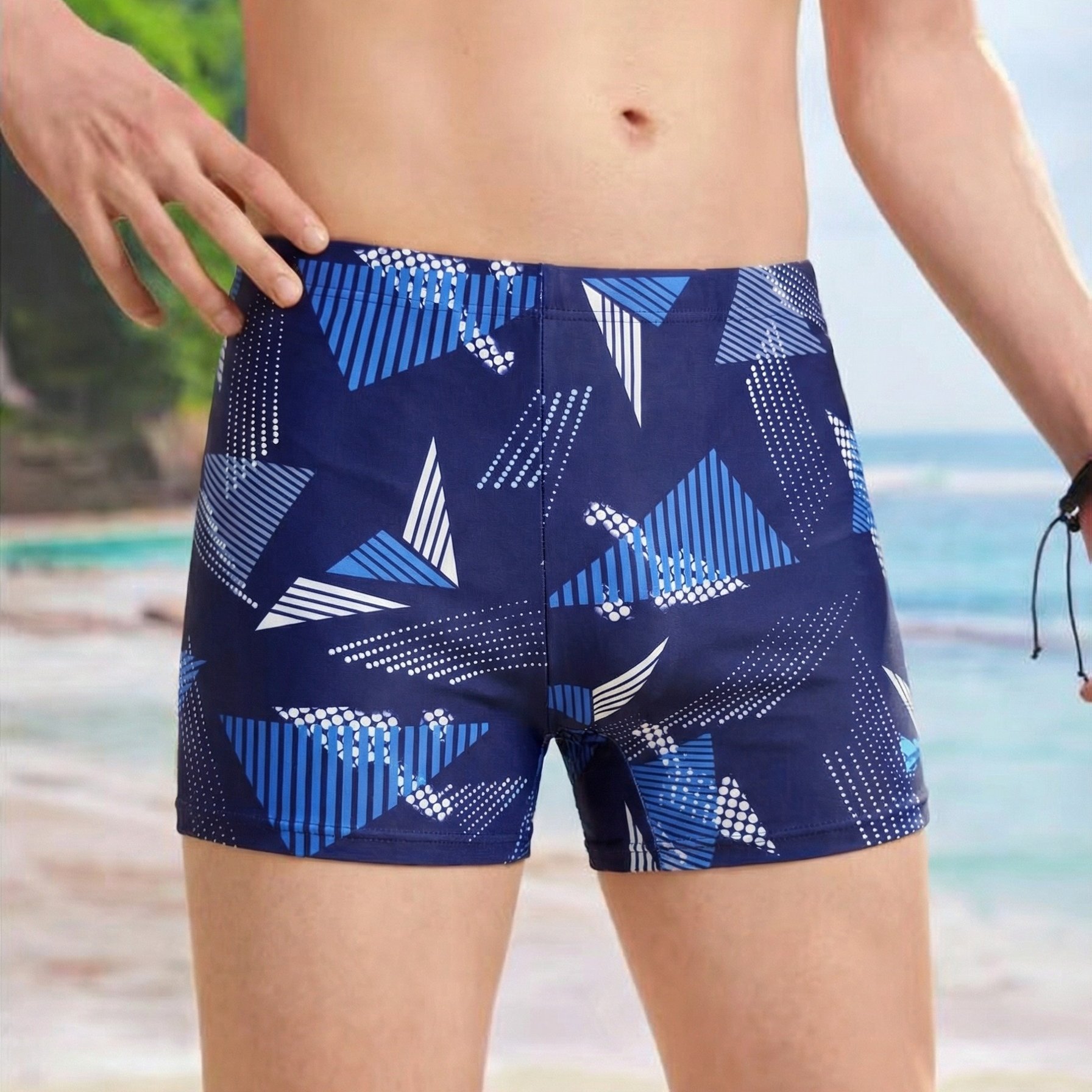 TEMU Youth Drawstring Printed High-stretch Swim Trunks, Athletic Shorts, For Teenager