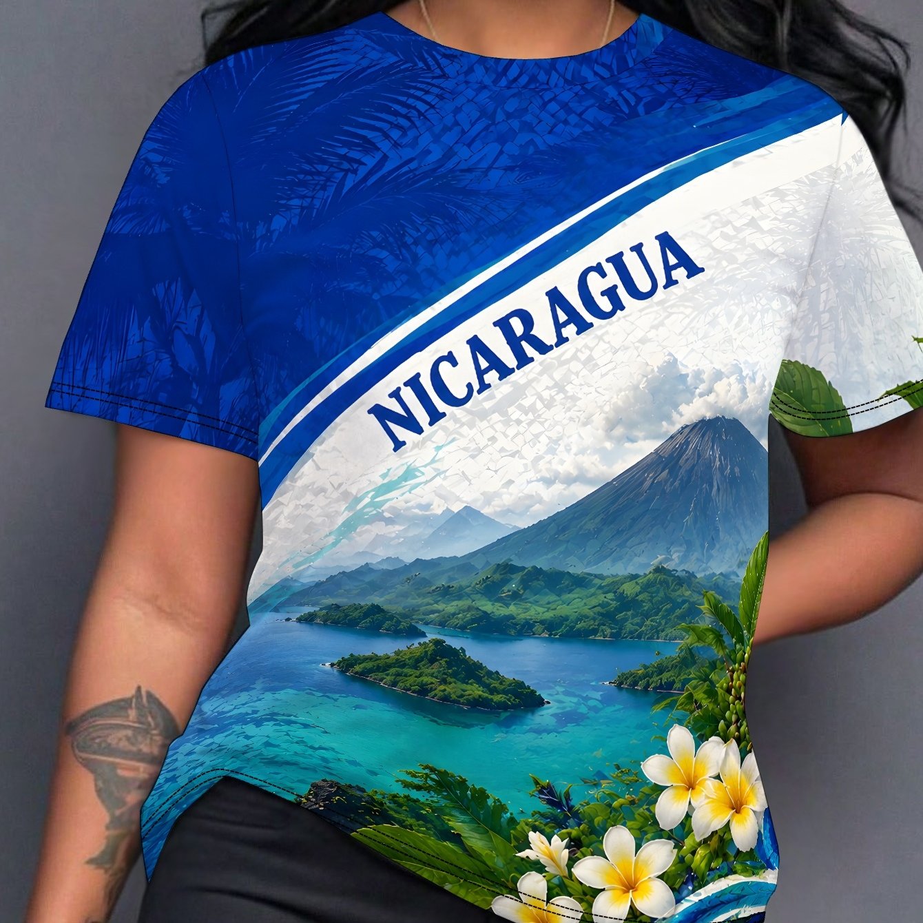 TEMU Camiseta de manga corta casual para mujer con diseño floral volcánico de Nicaragua - Sin / Lentejuelas