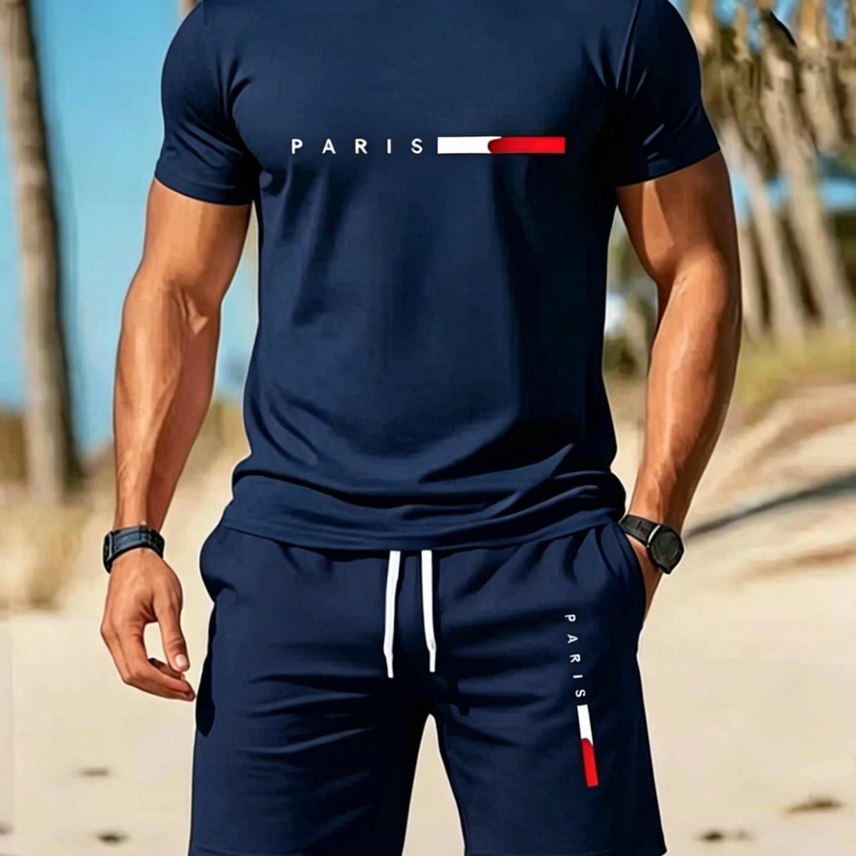 TEMU Men's Minimal Red White Vertical Bar Letter 2pcs Matching Outfit, Slim White Tee& White Drawstring Black Shorts Set, French For Beach Vacation