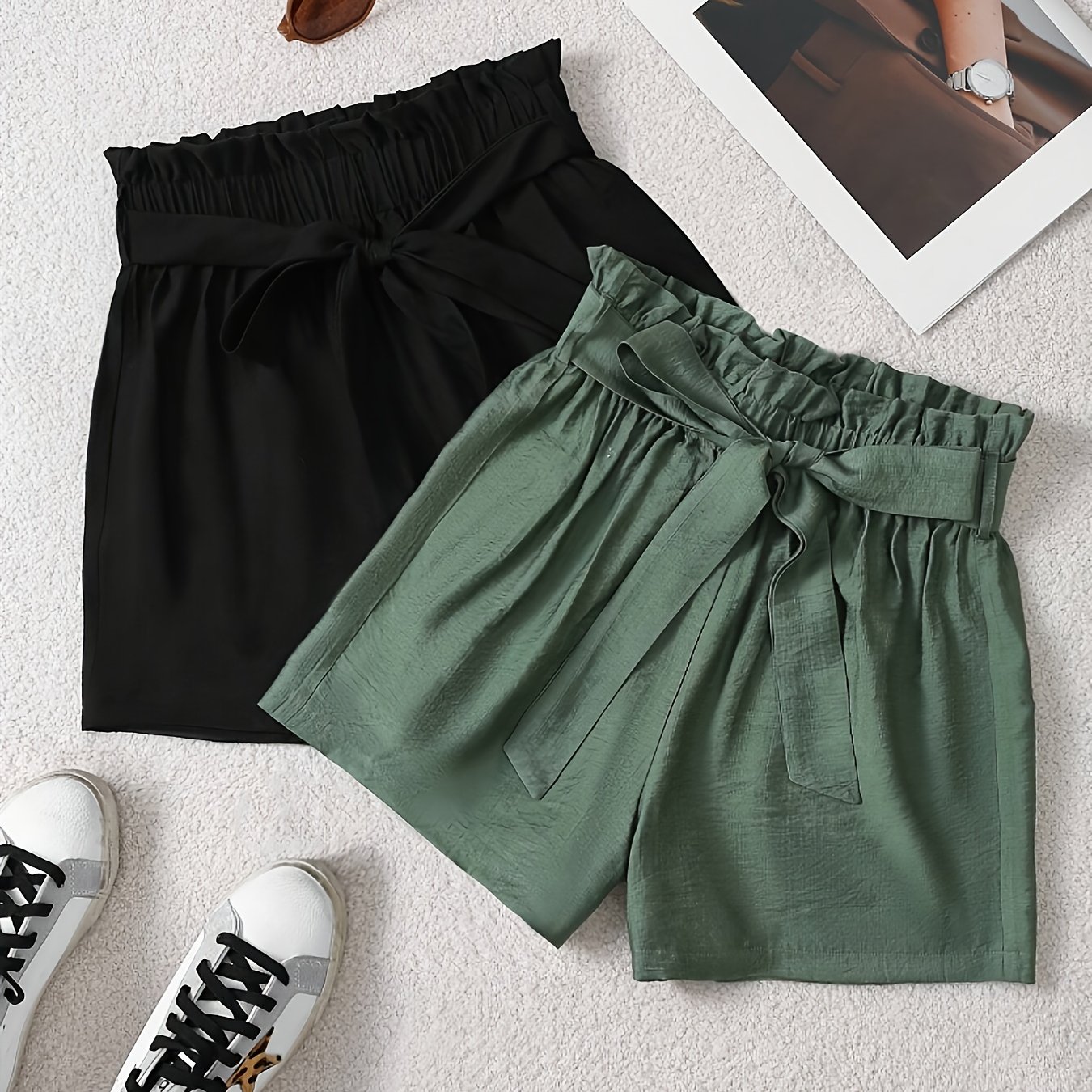 E-shop Zweierpack einfarbige Freizeit-Shorts mit hoher Taille, Papiertüten-Form Kordelzug für Arbeit Urlaub, Sommersonnenwende