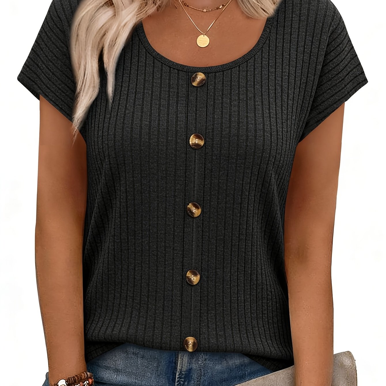 Women's Comfortable Top, Elegant Loose Basic Shirt, Round Neck Tie-button T-shirt, Casual Short Sleeve Pullover