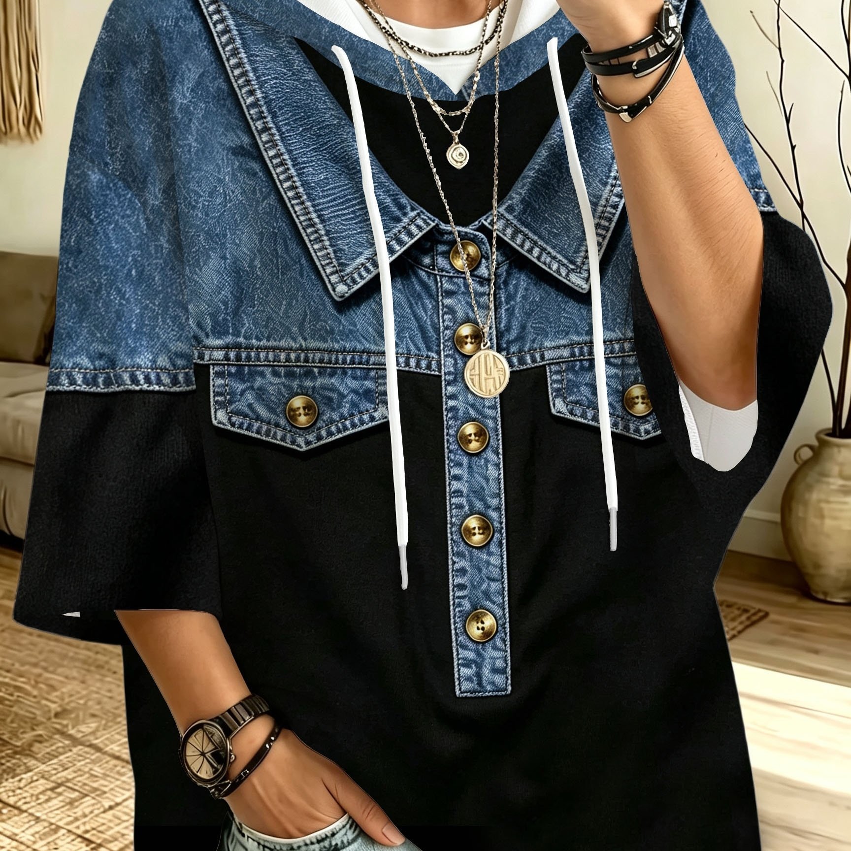 TEMU [Design Imprimé - Texture Non Réelle] Haut Femme Grande Taille Patchwork Denim Imprimé à Capuche et Épaules Tombantes, Design Imprimé Contrasté