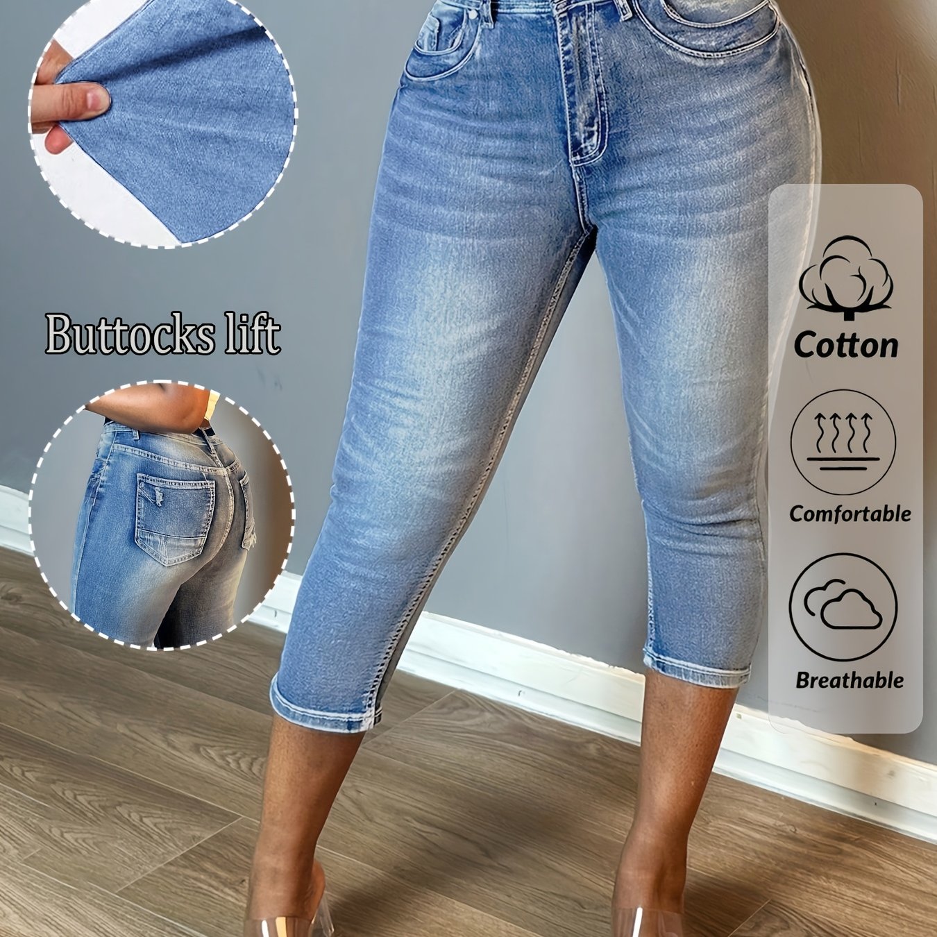 Women's Plus-size High-waist Retro Washed Denim Cropped Trousers, High-elasticity Slim-fit Trousers, Button Closure, Zipper Opening, Elegant For Commuting, Women's Dresses And Clothing