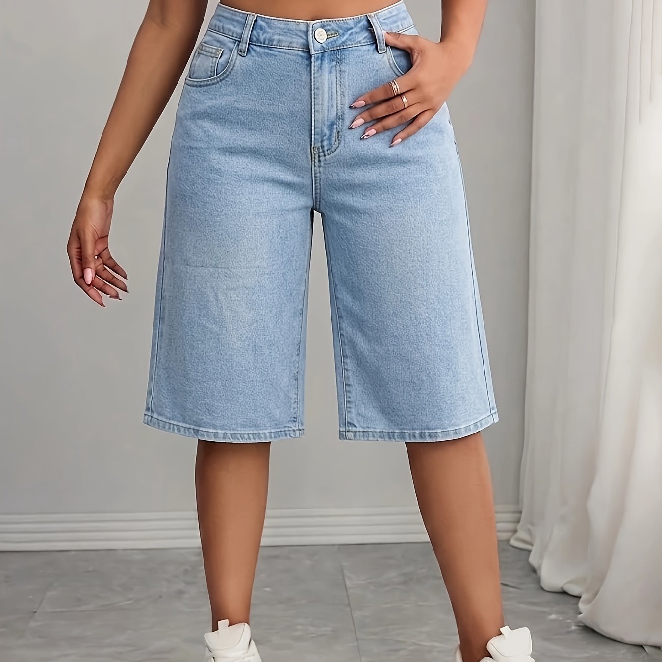 Bow Straight Casual Denim Bermuda Shorts, Washed High-waist Loose Jeans (belt Not Included)