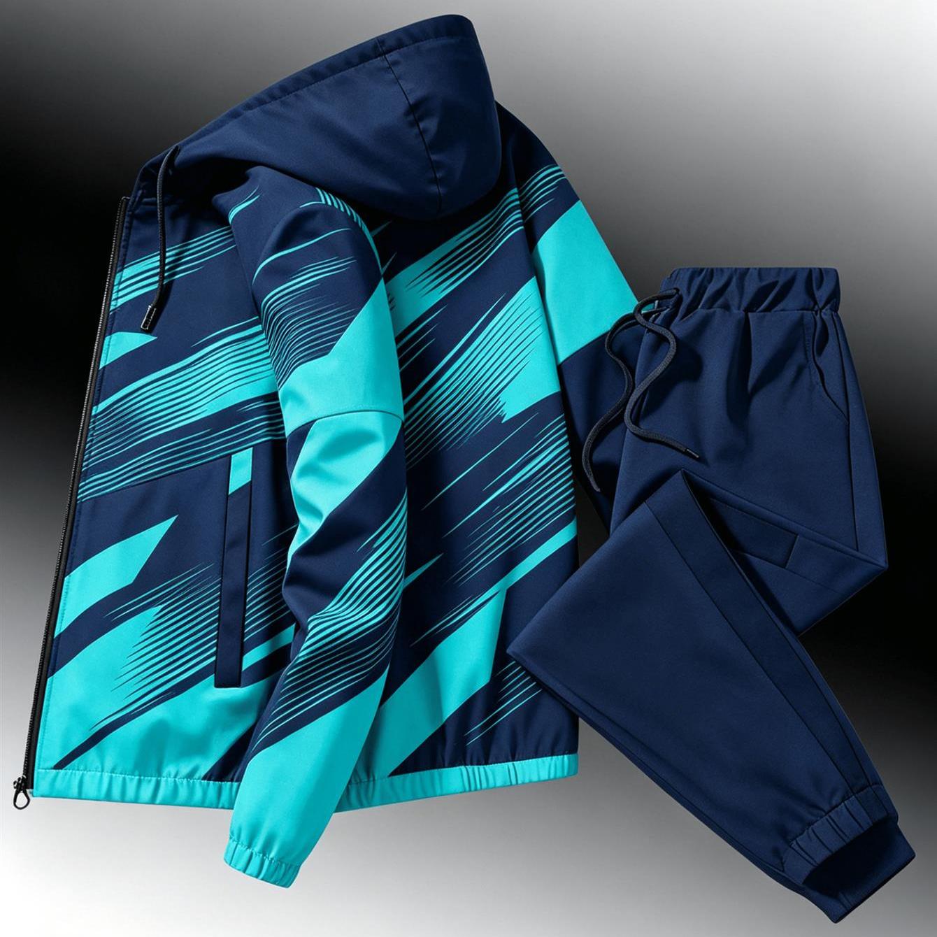 Two-piece Set New Arrival: Unisex Casual Print Windproof Zipper Jacket Set, Regular Fit, Stretch Fabric, Perfect For Men, Suitable For Occasions, Plus Size