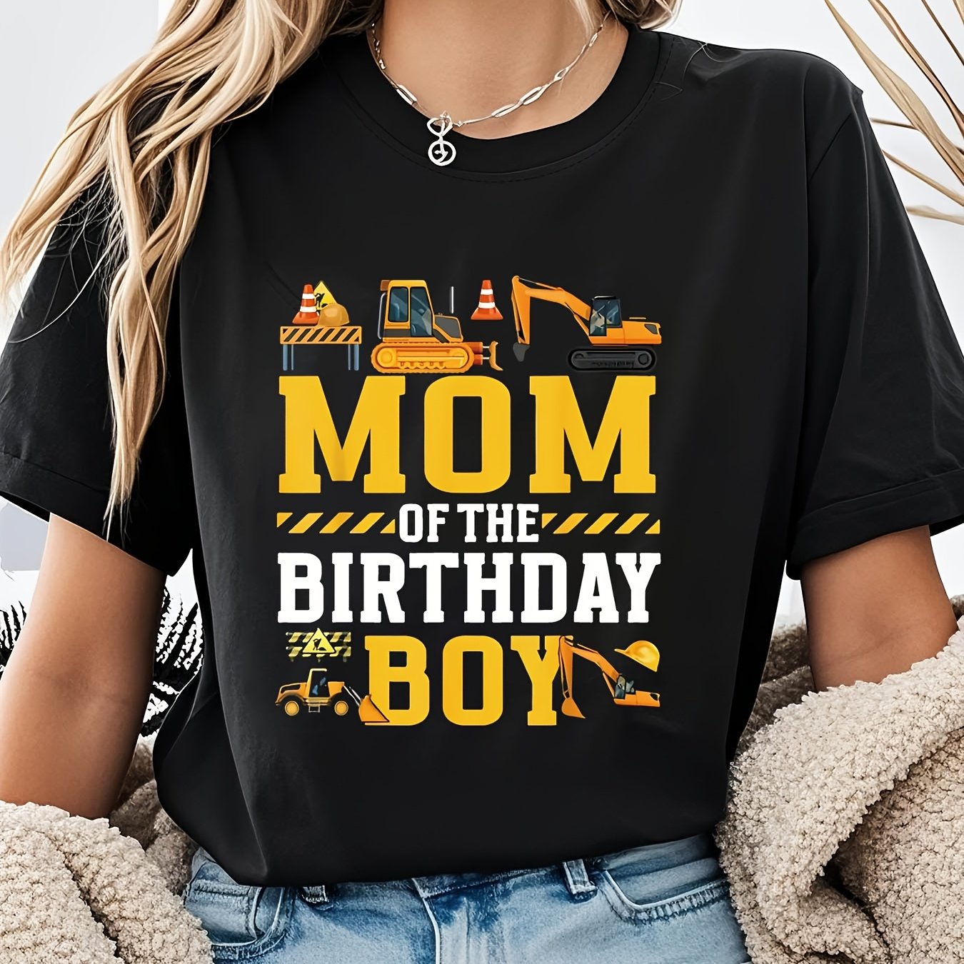 TEMU Mom Of The Birthday Letter Print T-shirt, Short Sleeve Crew Neck Casual Top For Summer And Spring, Women's Clothing