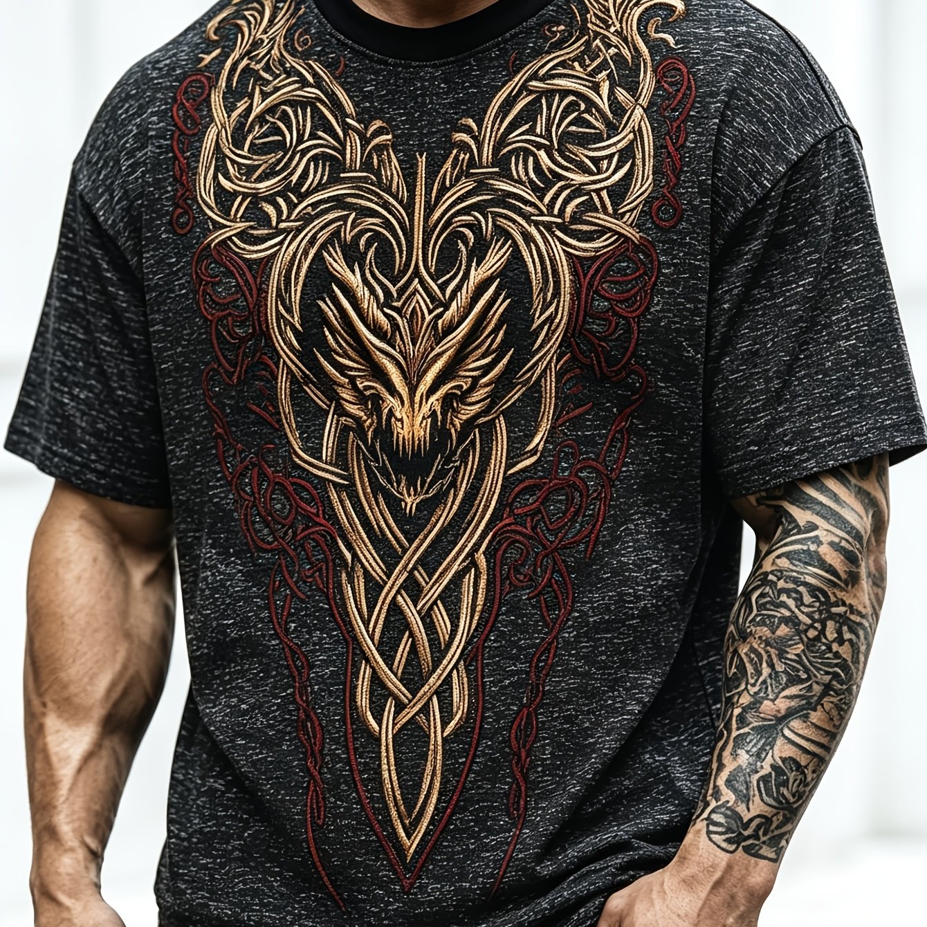 TEMU Plus Size Gray And Pattern Print T-shirt - Celtic Knot Gradient Full-width Color Block - Lightweight And Breathable Short Sleeve - Summer Casual