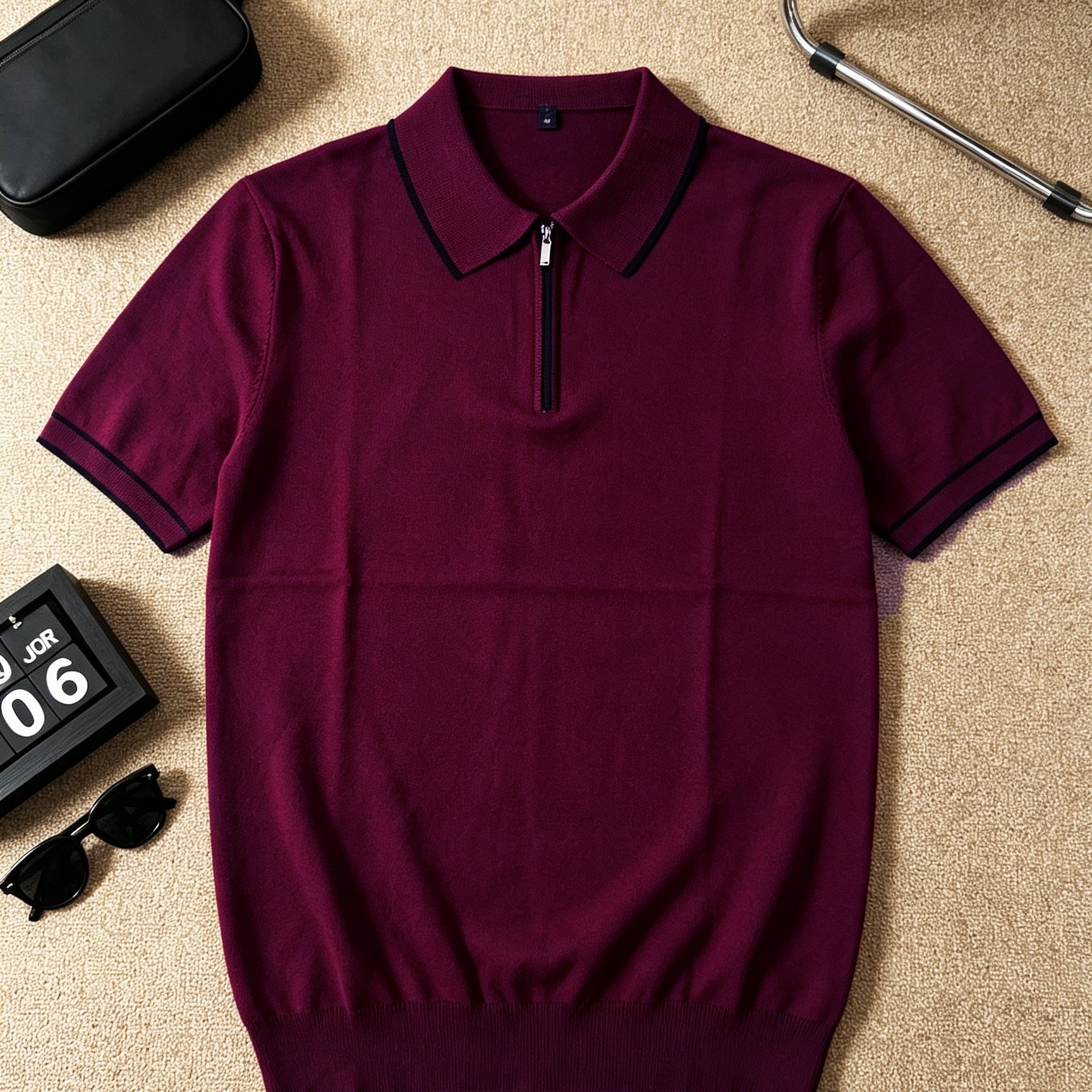 TEMU Old Money Outfits Men's Half-zip Contrast Trim Knit Short-sleeve Pullover, Lapel Cuff Design Sweater Top, Smooth Thin Solid Color Casual
