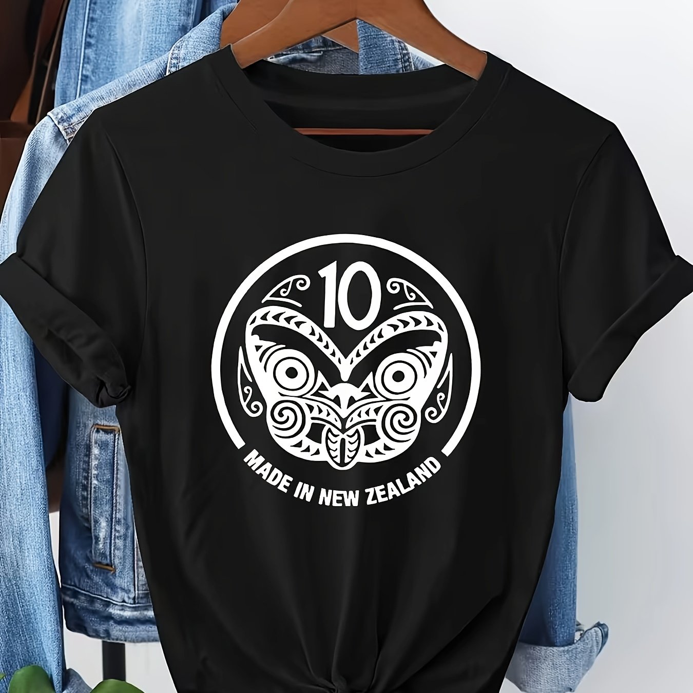TEMU 10 Made In New Zealand Maori Totem Pattern Printed Women's Stylish Casual Round Neck Spring And Summer T-shirt, Vibrant, Suitable For , Outdoor,