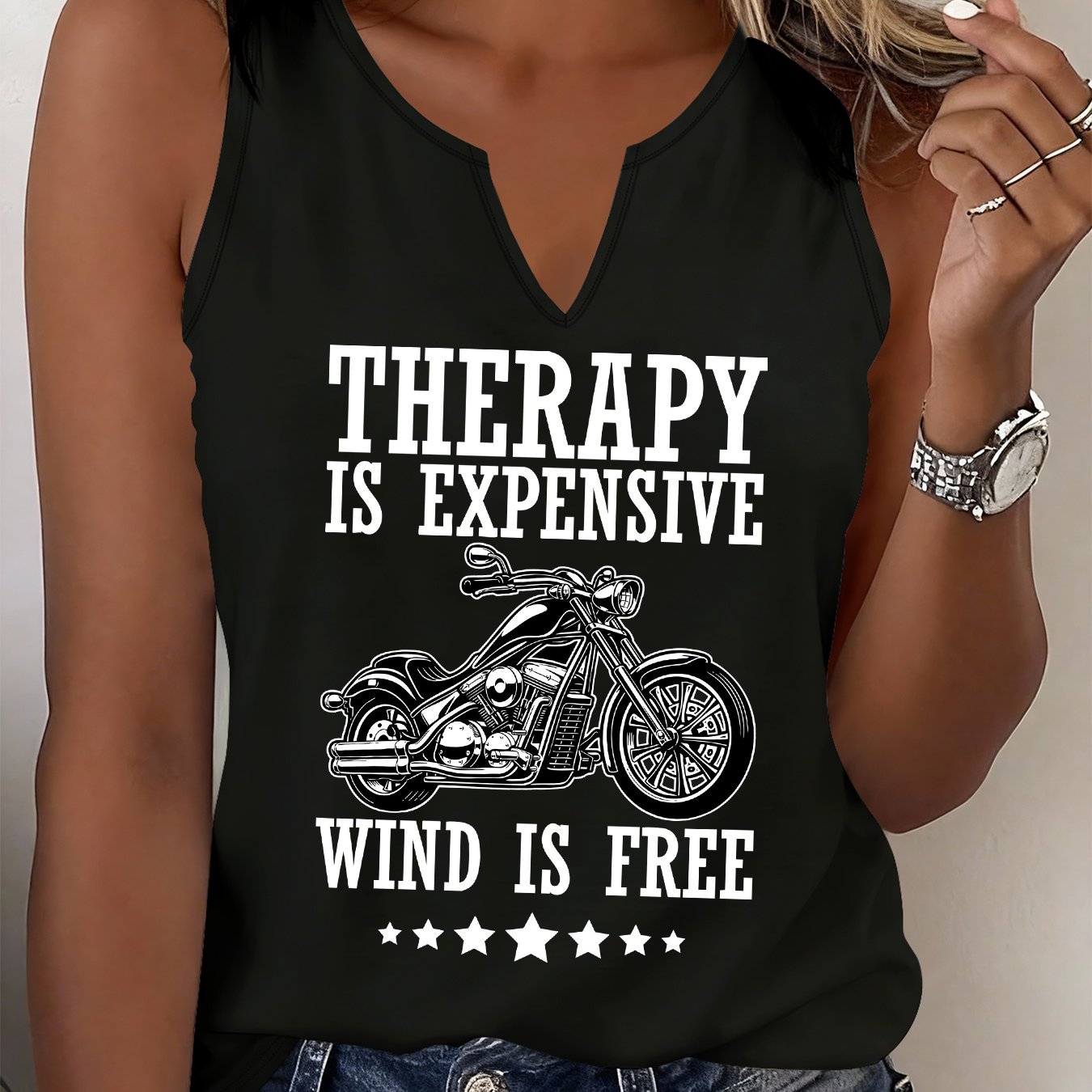 TEMU (052#) Women's Fashion Refreshing Tank Top, Sleeveless V-neck Printed Vest With Motorcycle Graphic, Casual And Versatile