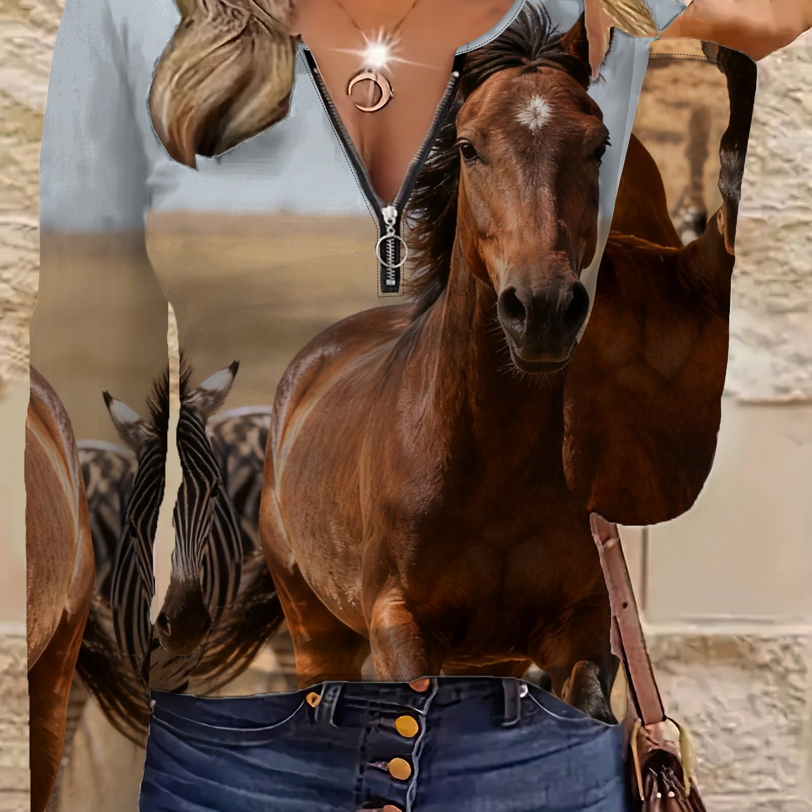 TEMU Plus Size, Comfortable Trendy Casual Elegant Style Horse Print Pattern Plus Size Women's Zipper Long Sleeve