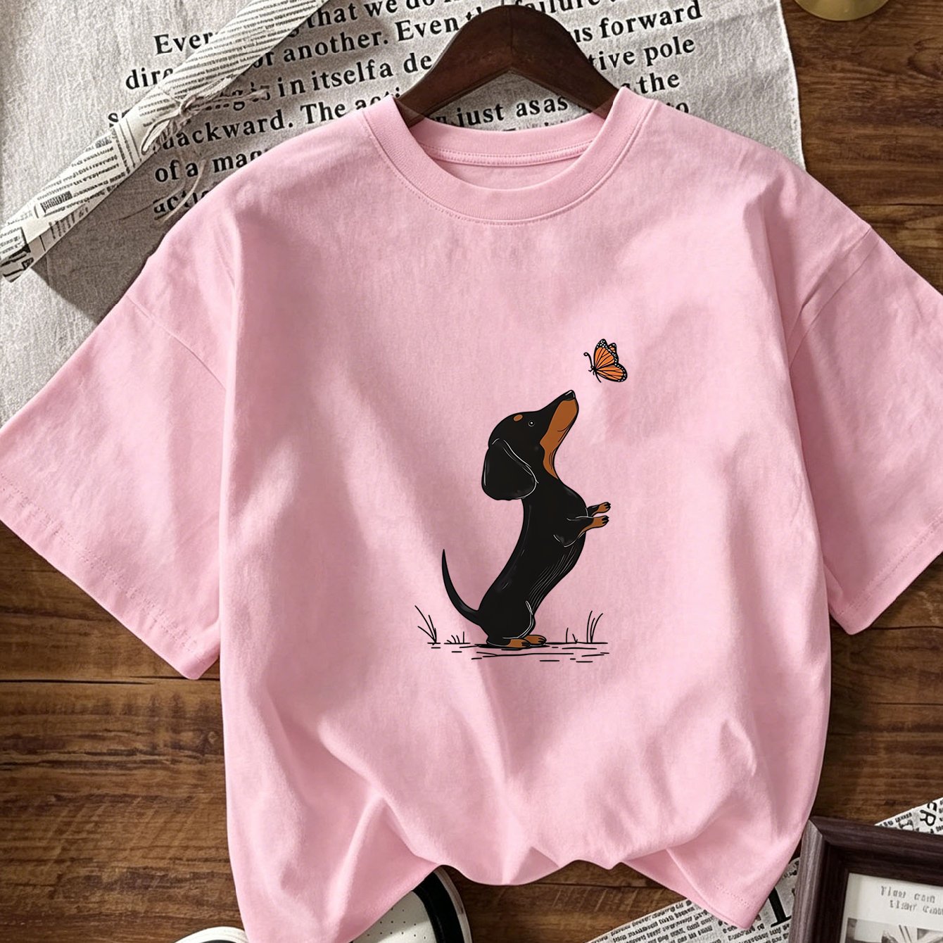 Image of Women Soft Minimalist T-shirt Drawing Sausage Dog And Front Print Daily Relaxed Top