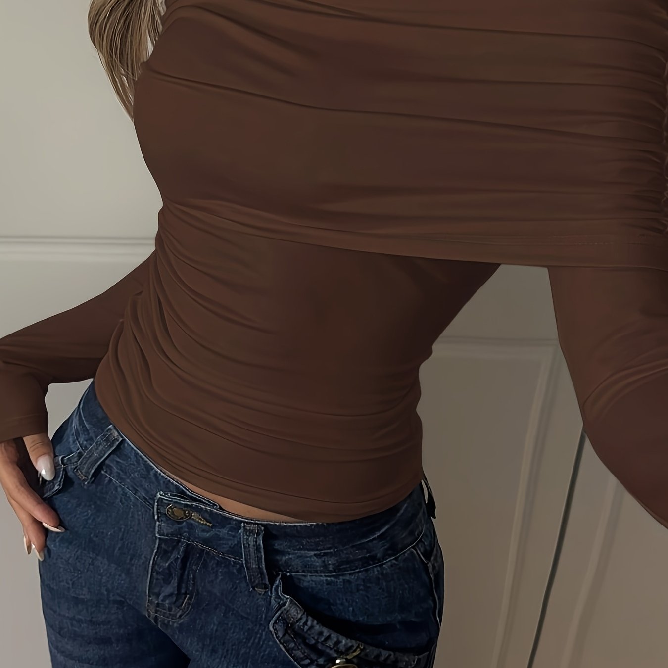 TEMU A Solid Color Long-sleeve Off-shoulder Top With A Stylish Flair
