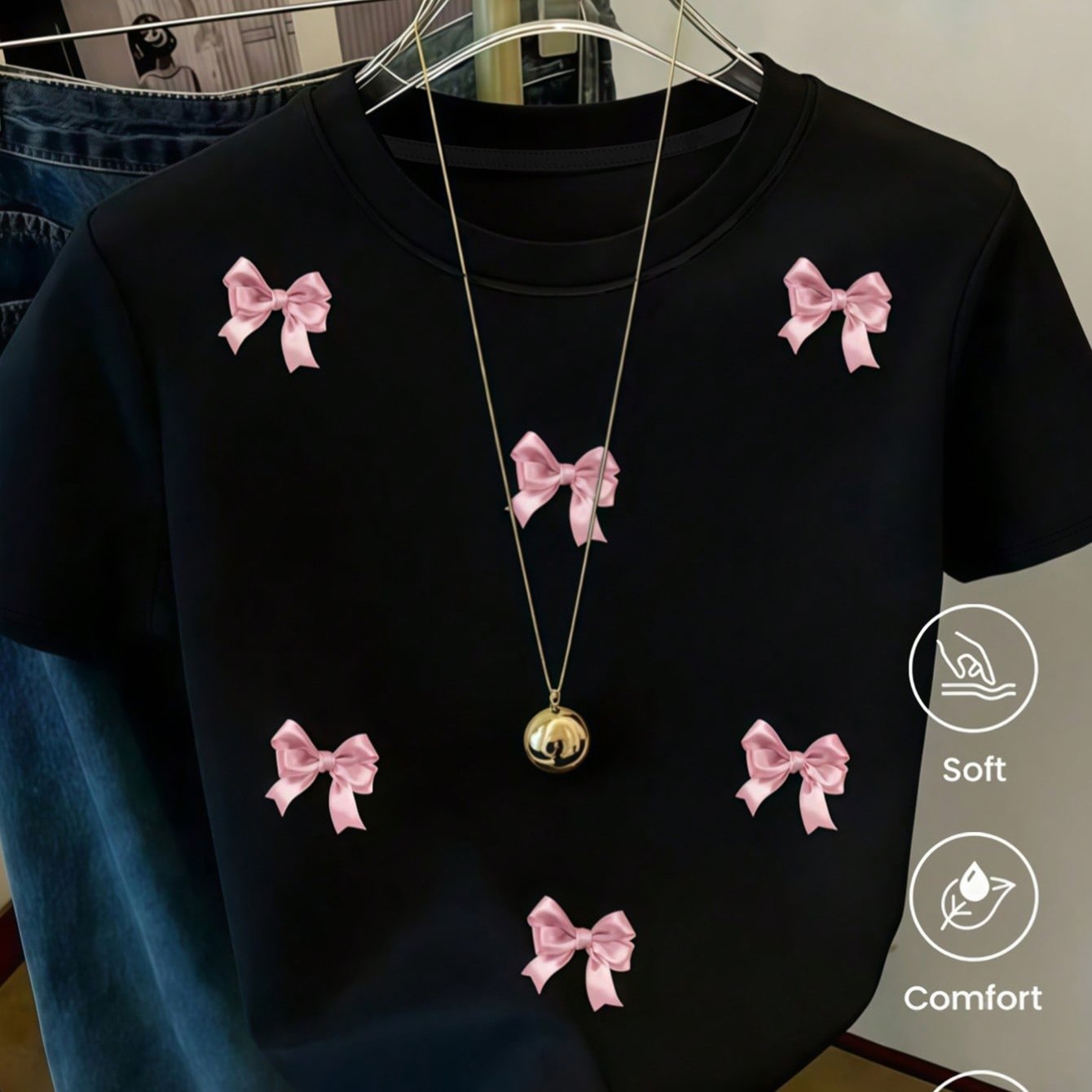 TEMU Women's Casual Short-sleeve T-shirt With Bow Print, Regular- Neck Top, Suitable For , Machine Washable, A Wardrobe Essential For Daily Wear