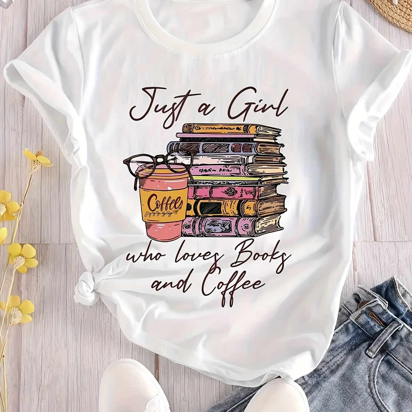 TEMU Women's Casual Short Sleeve Round Neck T-shirt - Semi-sheer Blouse With "book & Coffee " Print, -line Regular Fit, Machine Washable - Top For