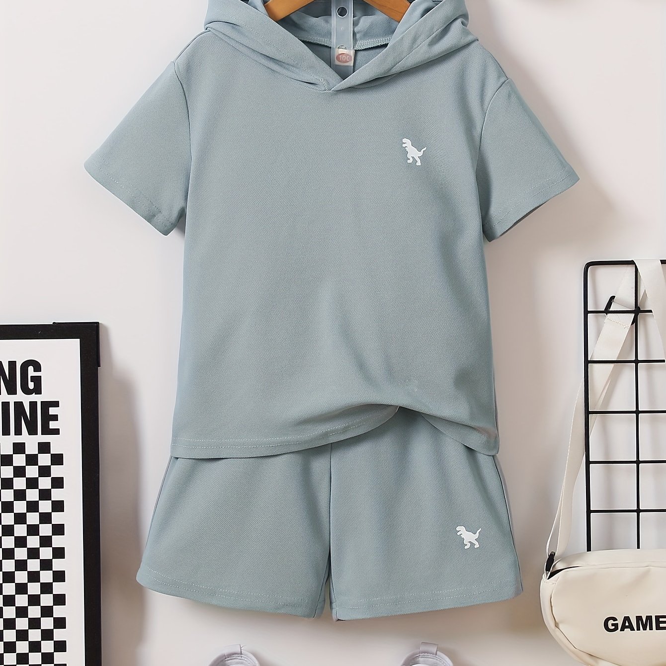 Image of Boys' Casual Breathable Hooded Dinosaur Print Short Sleeve And Shorts Set Only Clothes And Pants Sold