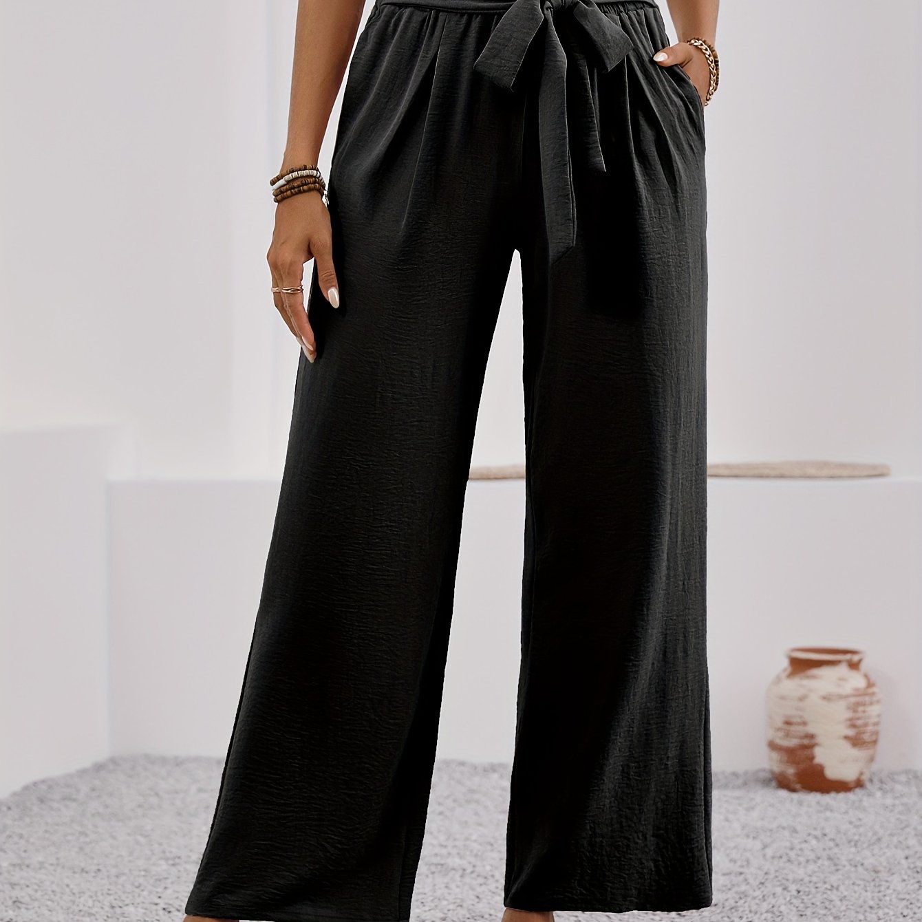 TEMU Women's Wide Pants With Pockets Lightweight High Waisted Adjustable Tie Knot Loose Trousers