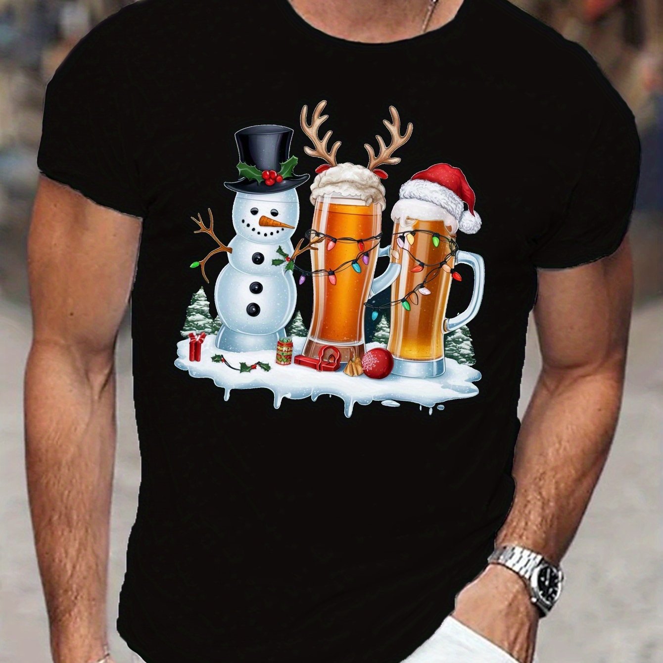 TEMU T-shirt Featuring Holiday-themed Beer Glasses, Perfect For Men, Casual Short-sleeve Summer Wear
