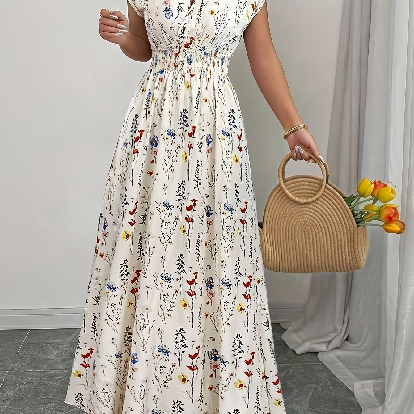 TEMU Floral Print V-neck Pendulum Dress For Women | Fashionable And Elegant, Perfect For Spring/summer