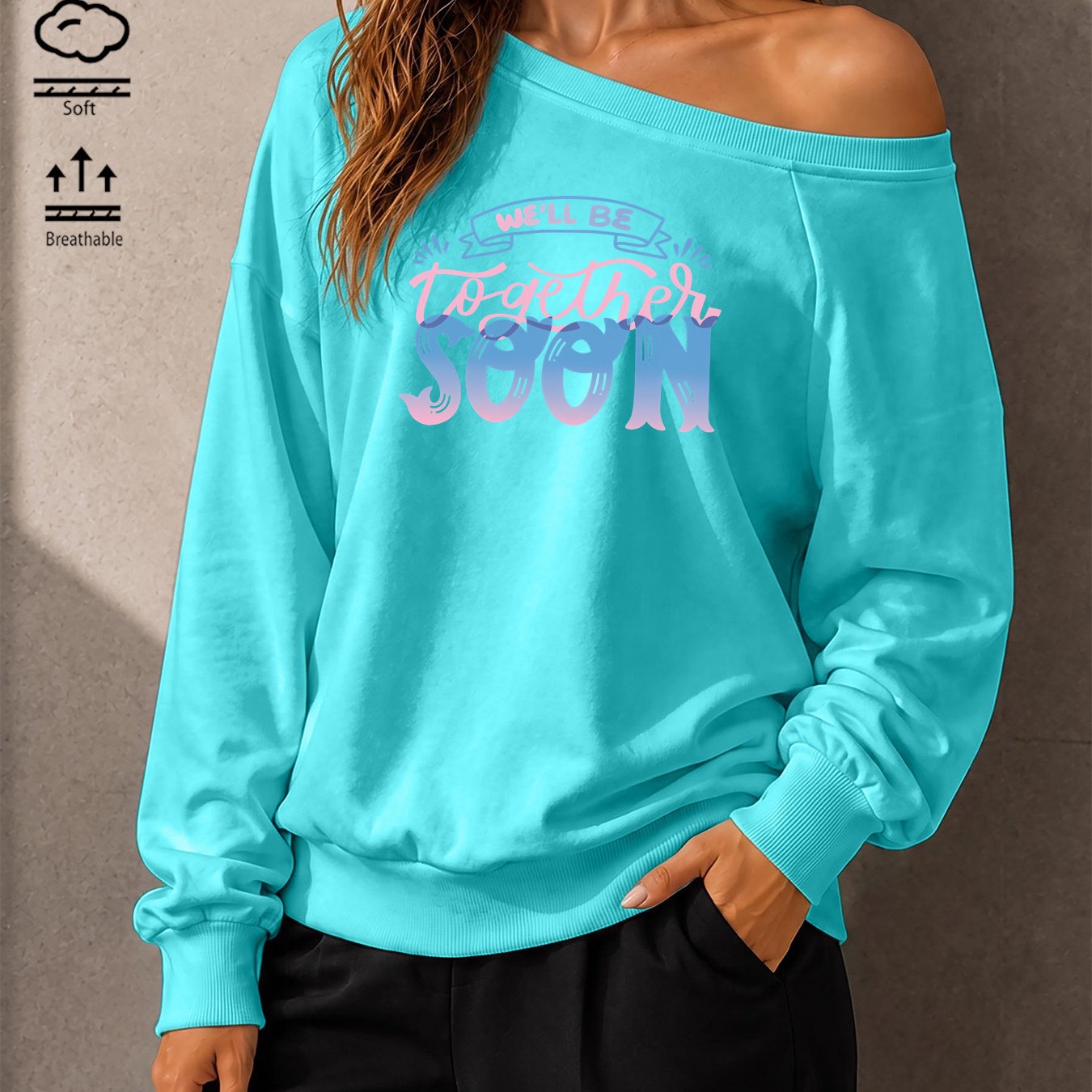 Image of Fall Women's Asymmetric Off-shoulder Long-sleeve Y2k Fashion Sweatshirt With Gradient Letter Print, Casual Loose Pullover Outerwear