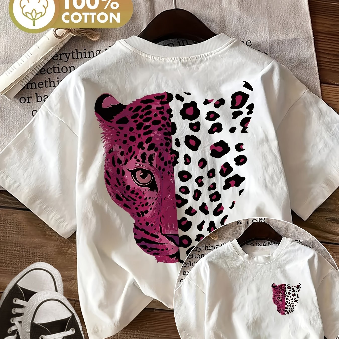 Image of Plus Size, Pop Leopard Print Double-sided Print Summer Casual Women's Top, Round Neck Pure Short Sleeve T-shirt, Size L