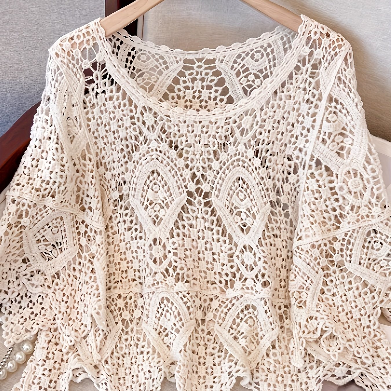 Image of Elegant Beige Crochet Lace Openwork Pullover Top With Irregular Hem, Casual Wear Sweater For Spring Summer Fall, For Teenager, For Teenager