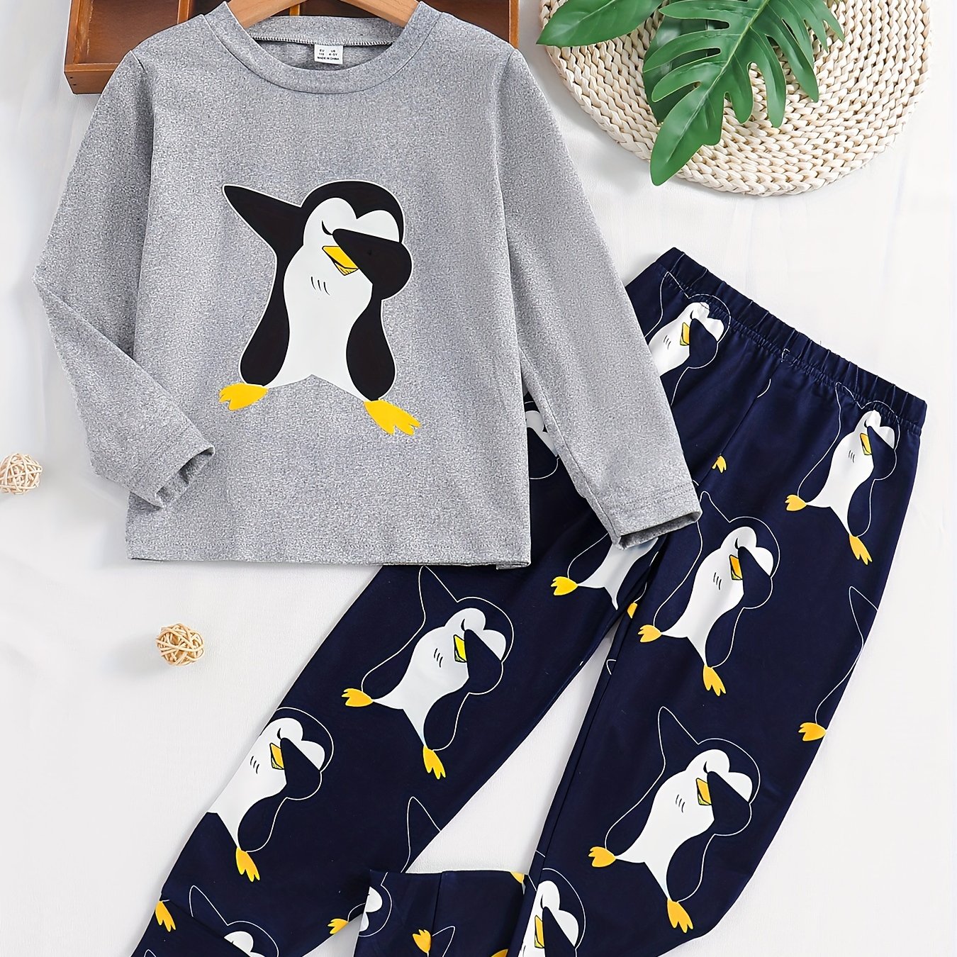 Image of Boys' Thermal Underwear Long Pants Set, Penguin Animal Apparel, Children's Print Cute And Neck Versatile 2pcs Set,fall And Winter Clothes