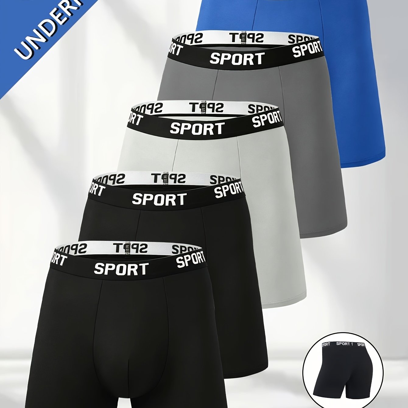 TEMU 5pcs Men's Long Flat Angle Sports Underwear, Soft And Skin-friendly, Breathable And Quick-drying, Wear-resistant Material, Letter Waistband