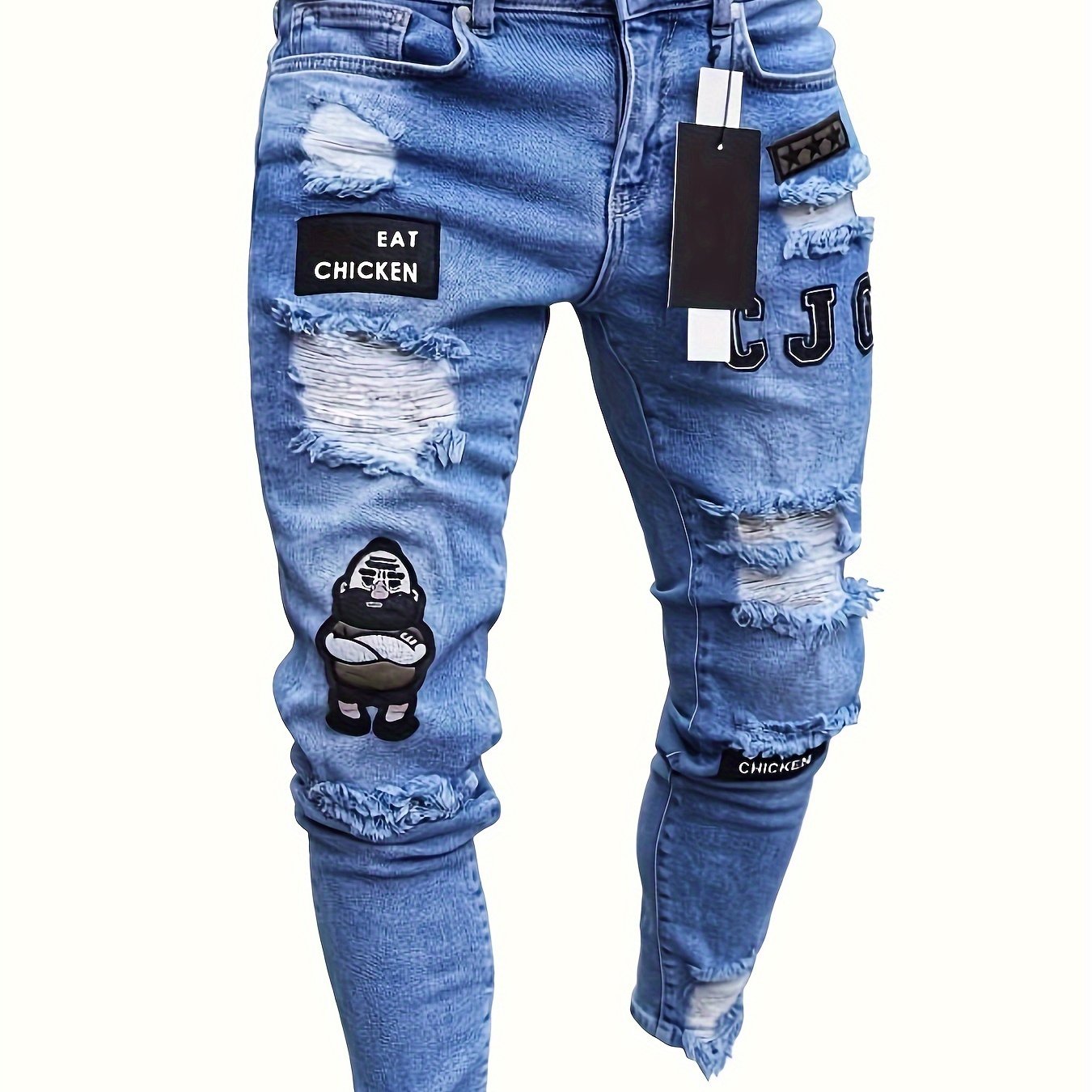 TEMU Men Fashion Ripped Distressed Destroyed Washed Jeans Ripped Slim Fit Wild Jeans Pants