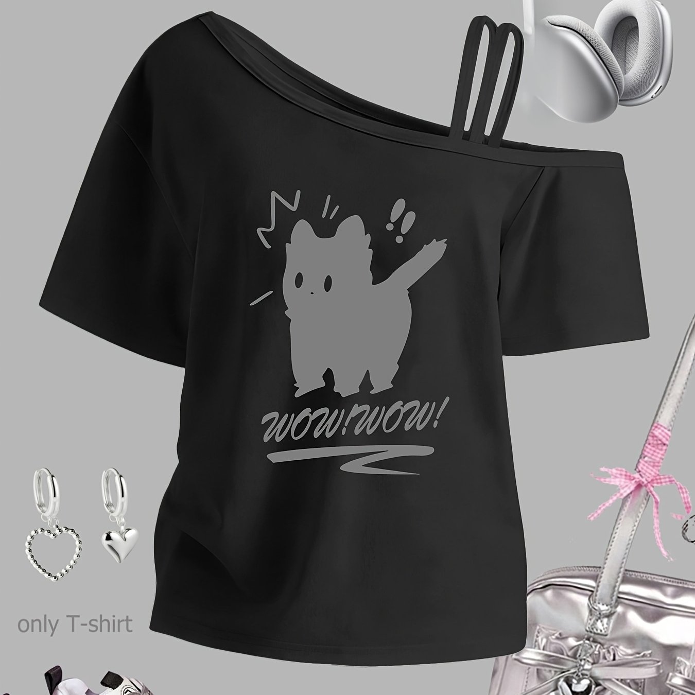 TEMU Cartoon Kitten Print, Trendy Y2k-style Pattern, A Design For, Casual Short-sleeve T-shirt For Daily Wear, Fashionable Single-shoulder Spaghetti