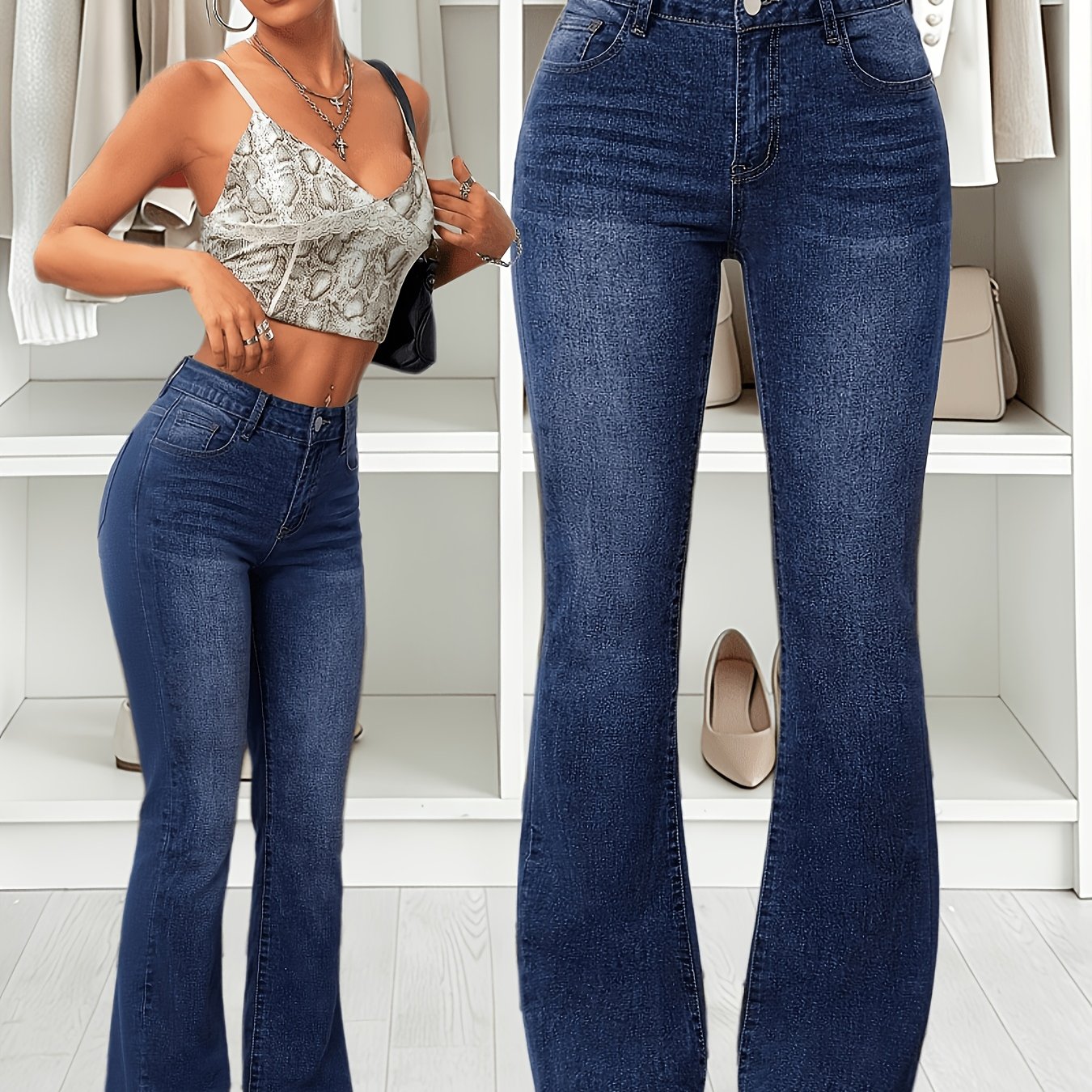 New Women's Vintage Blue Mid-waist High-stretch Diagonal Pocket Commuter Date Music Festival Vacation Holiday Versatile Comfortable Slightly Flared Washed Denim Long Pants