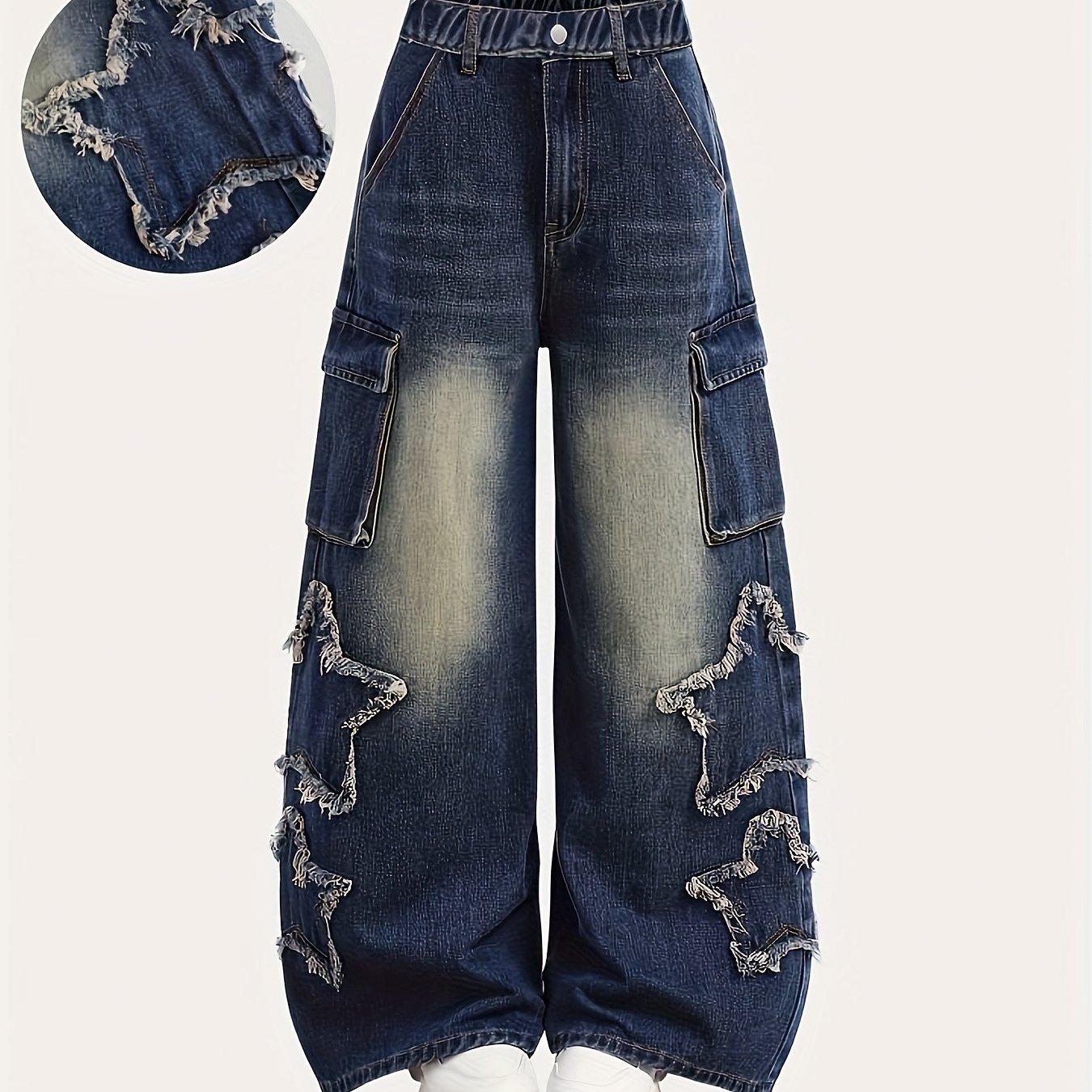 Image of Youth Fashion Vintage Dark Blue Gradient Star Jeans, Loose Wide-leg & Star , Large Side Pockets | Daily Streetwear