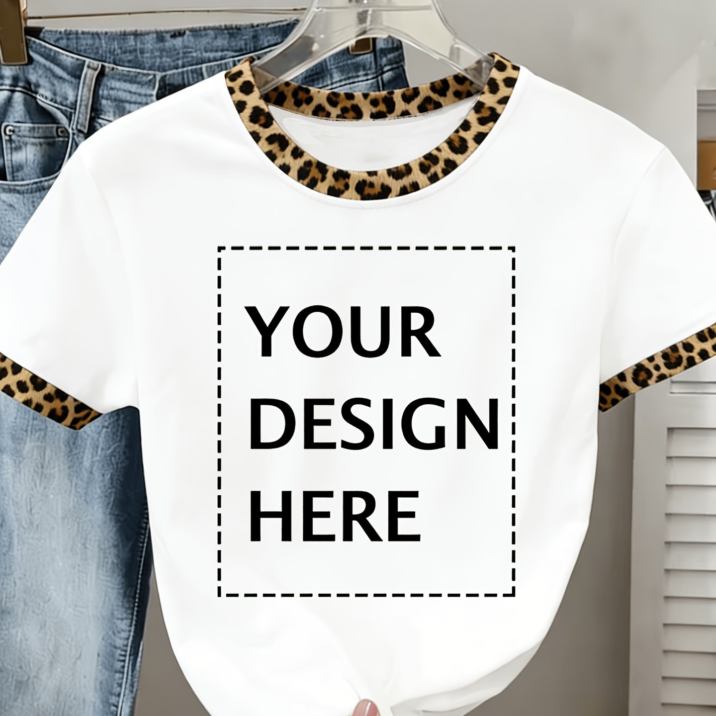 TEMU 10# [Estilo Personalizado] Camiseta de Manga Corta con Cuello y Estampado de Leopardo Elegante de Estilo Personalizado, Moda Personalizada,