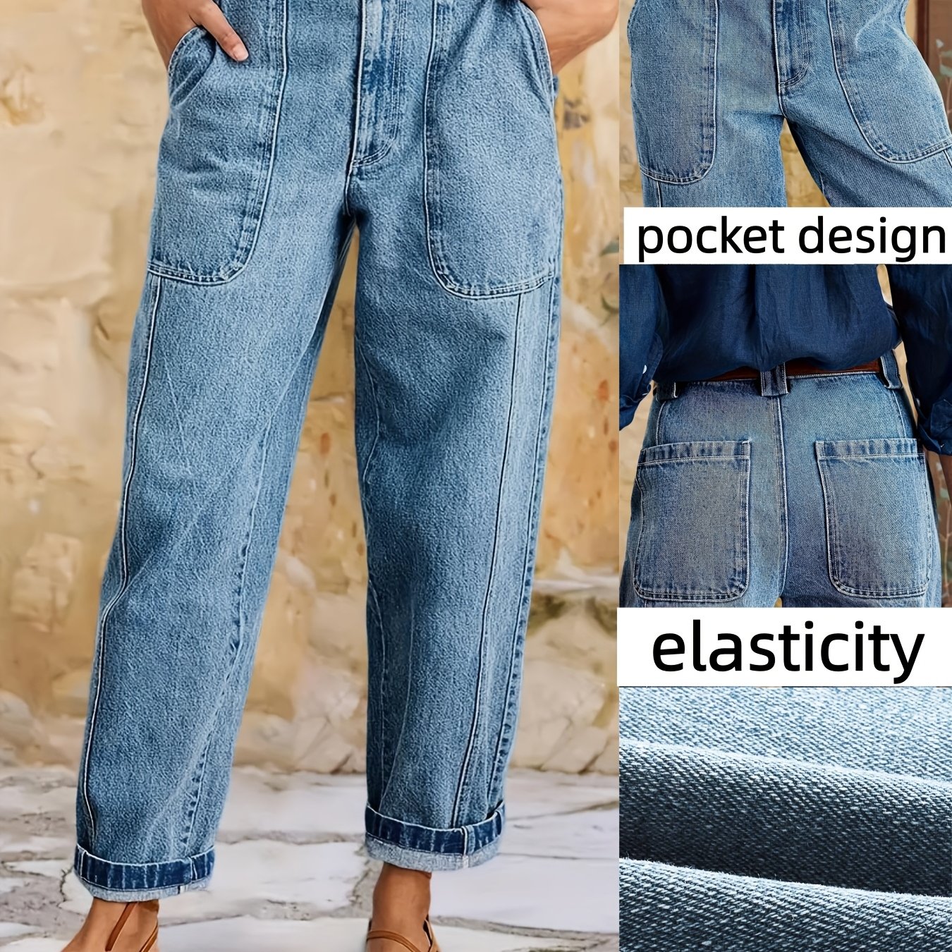 Image of Women's Straight-leg Stretch Pants - Beltless Washed Casual Jeans With Straight Leg Opening, Mid-, Machine Washable - Wear (no Belt Included) | Elegant For Everyday & -casual Outfits