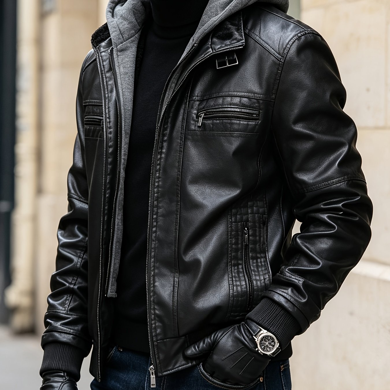 TEMU 2026 Winter Men's Faux Leather Hooded Jacket, Motorcycle Faux Leather Coat, Slim Fit Warm Outerwear With Multiple Zipper Pockets, Versatile Top
