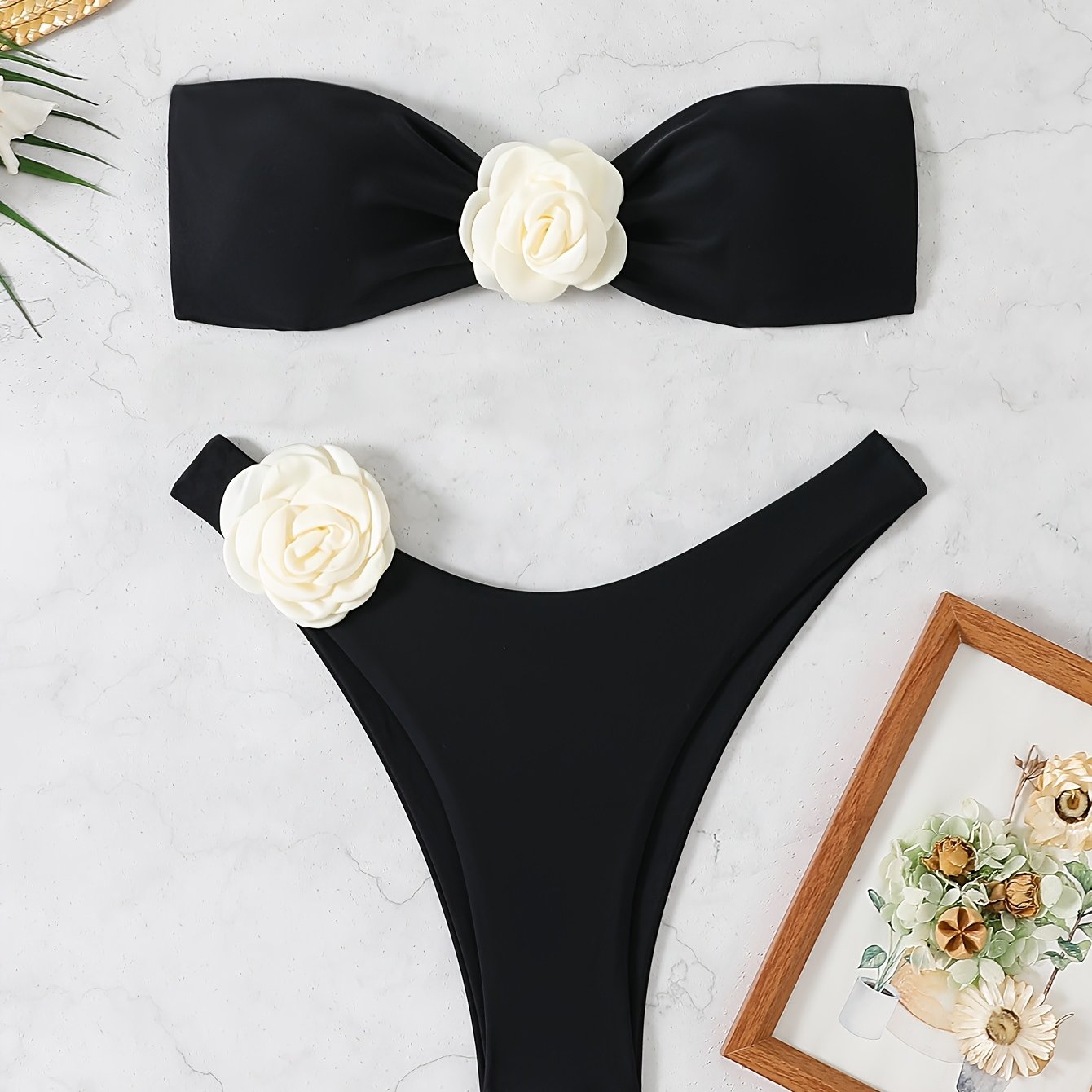 TEMU New Solid Color Nylon Fabric Colored Bandeau Back Tie High-waist Triangle Pants Adhesive Floral Youth Swimwear Teenager, For Teenager, For