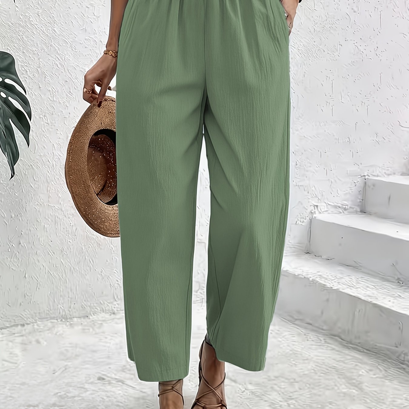 TEMU Plus Size - 1pc Women' Color Loose Casual Long Pants, Women's Trousers, Beach Pants, Lightweight And Breathable, With Double Pockets And Elastic