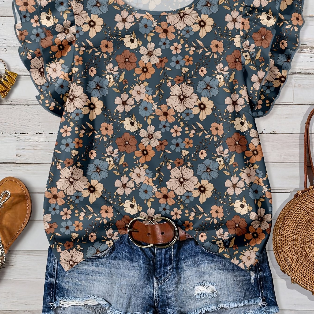 E-shop Elegante Damen-Bluse im Vintage-Stil mit Blumendruck, Rundhalsausschnitt Rüschensaum