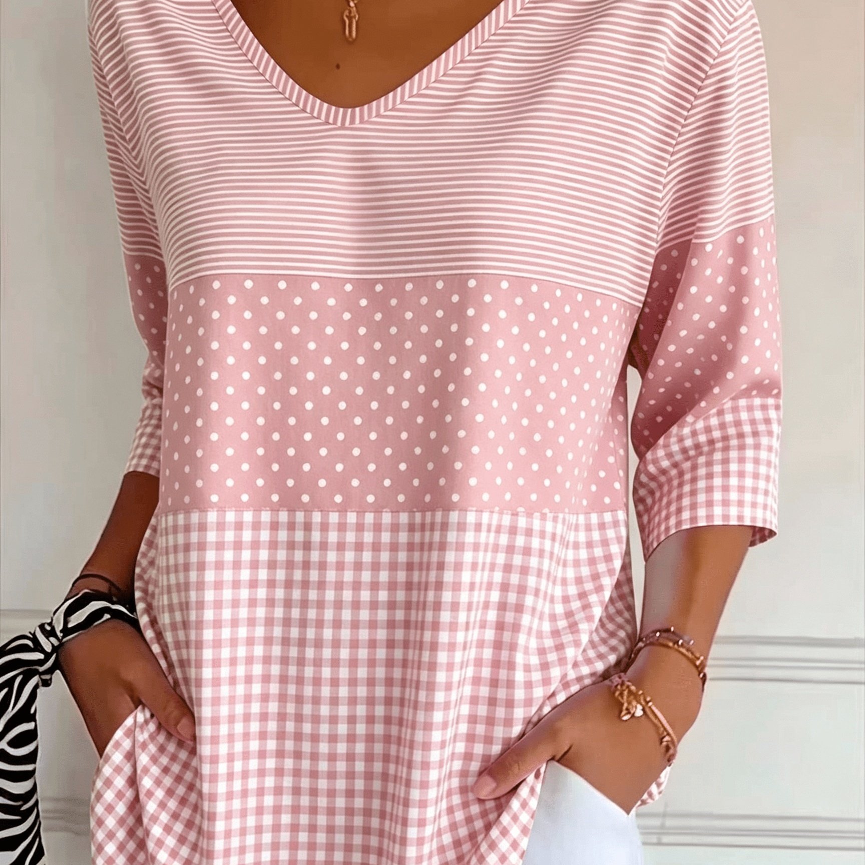 TEMU [printed Design - No Texture] Casual Fashion Holiday Women's Regular Fit Striped Checkered -quarter Sleeve V-neck T-shirt, Top